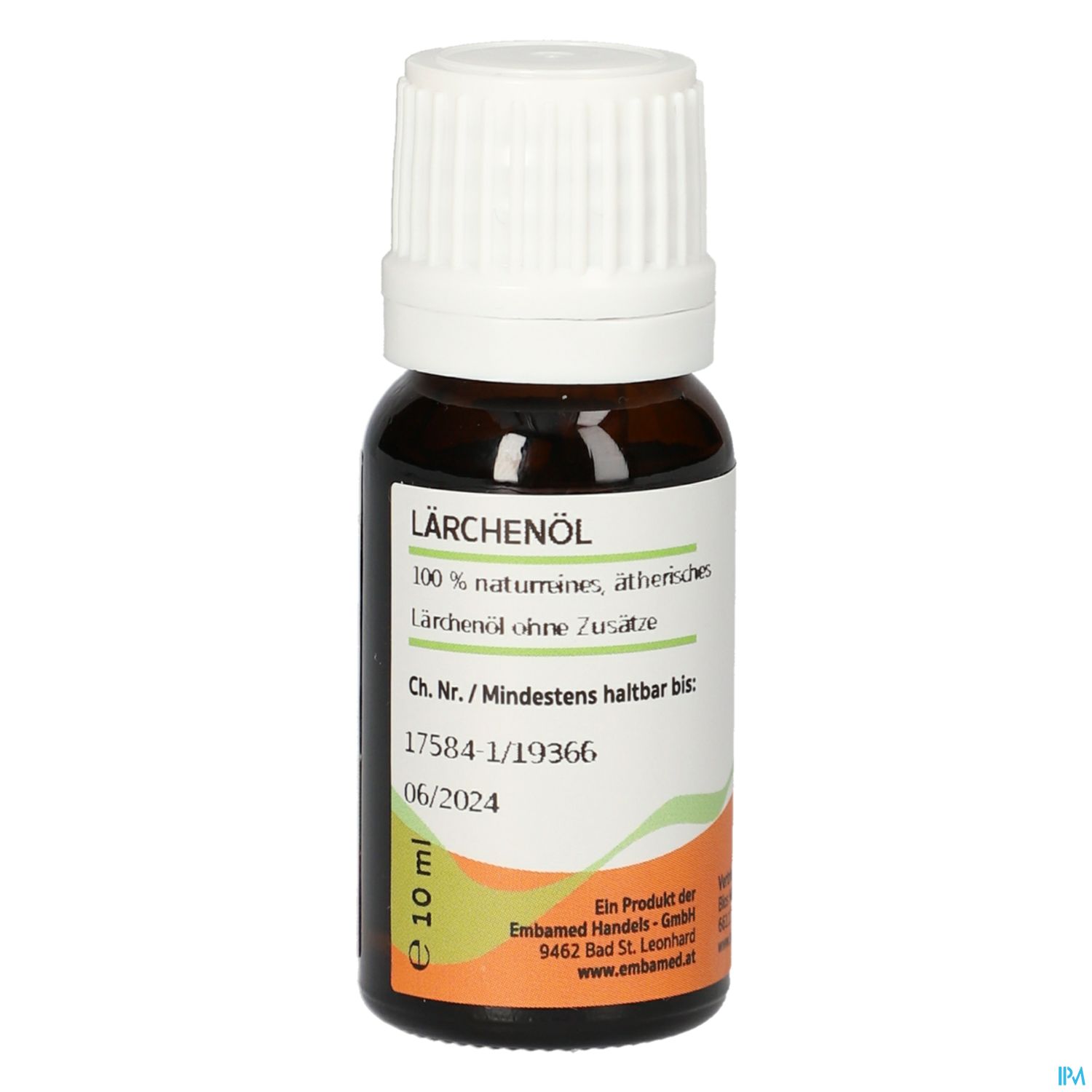 Braune Flasche mit Lärchenöl, 10 ml, mit aufgedruckten Angaben zu Inhalt und Haltbarkeit.