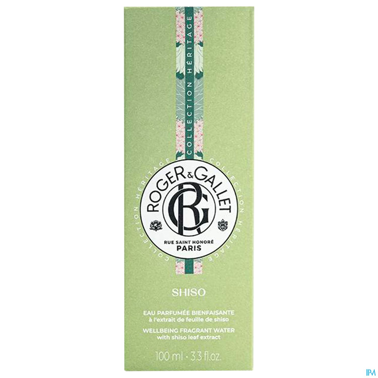 Grüne Verpackung mit dem Logo von Roger & Gallet und der Bezeichnung "Shiso" sowie der Beschreibung "Eau parfumée bienfaisante".