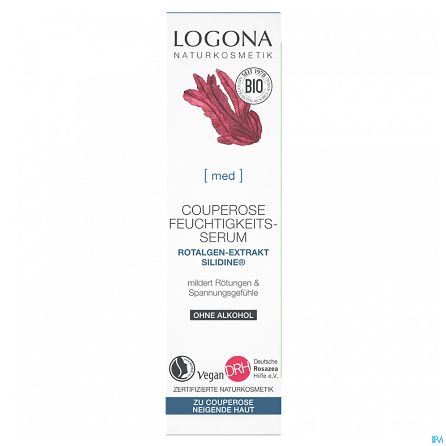 Produktverpackung für Logona Couperose Feuchtigkeitsserum mit rotem Algenextrakt, vegan und ohne Alkohol, zur Milderung von Rötungen und Spannungsgefühlen.