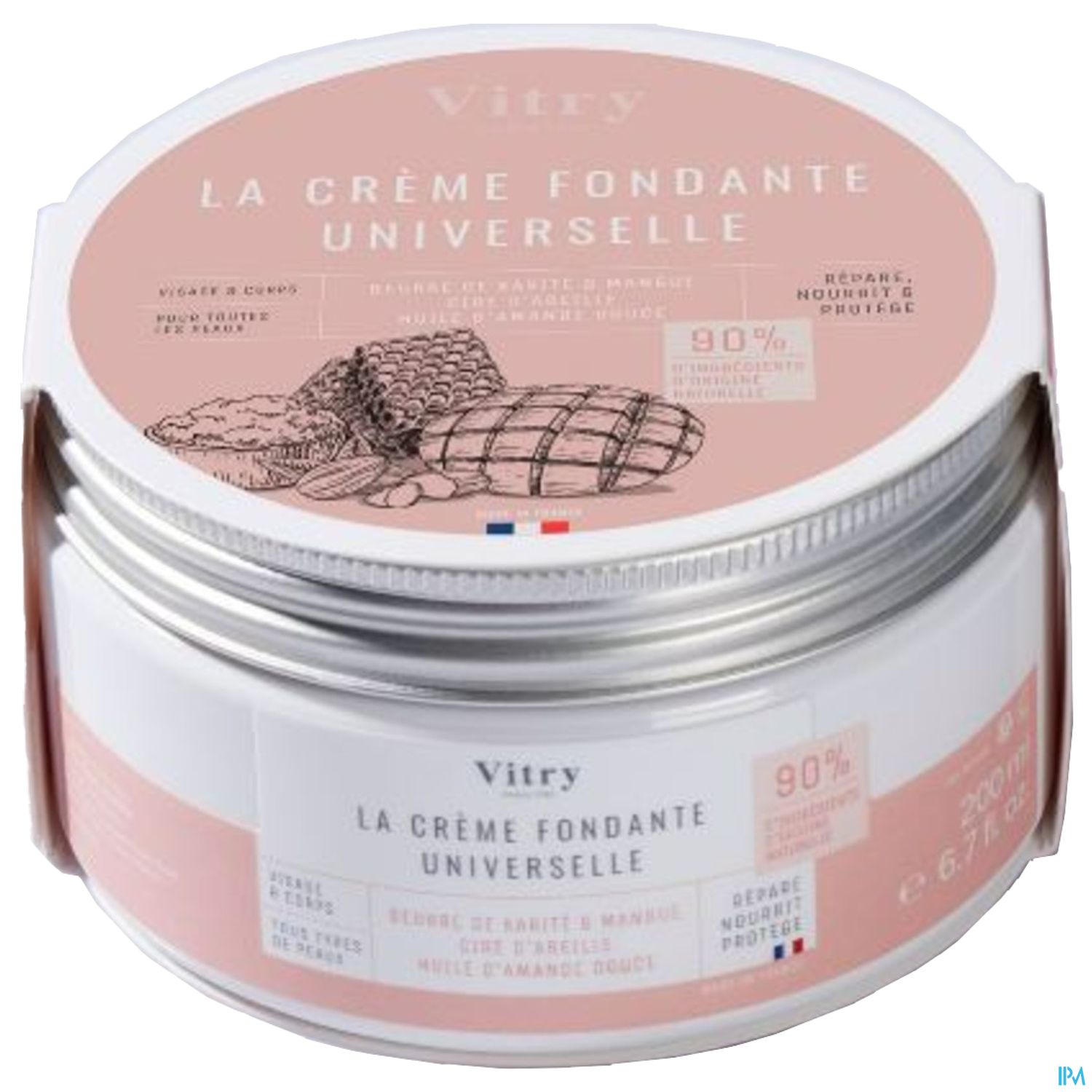 Dose mit Vitry La Crème Fondante Universelle, rosa Etikett mit Inhaltsangaben und Illustrationen von Mandeln.