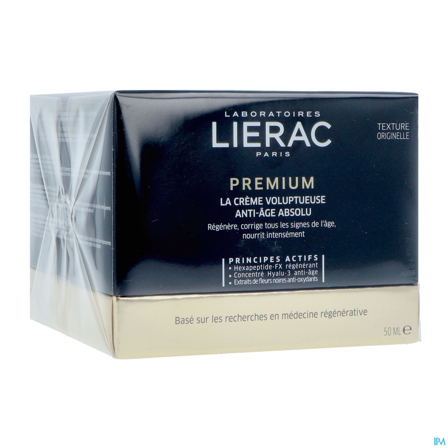 Schwarze Verpackung der Anti-Age-Creme von Laboratoires Lierac mit goldener Schrift und Angaben zum Produkt.
