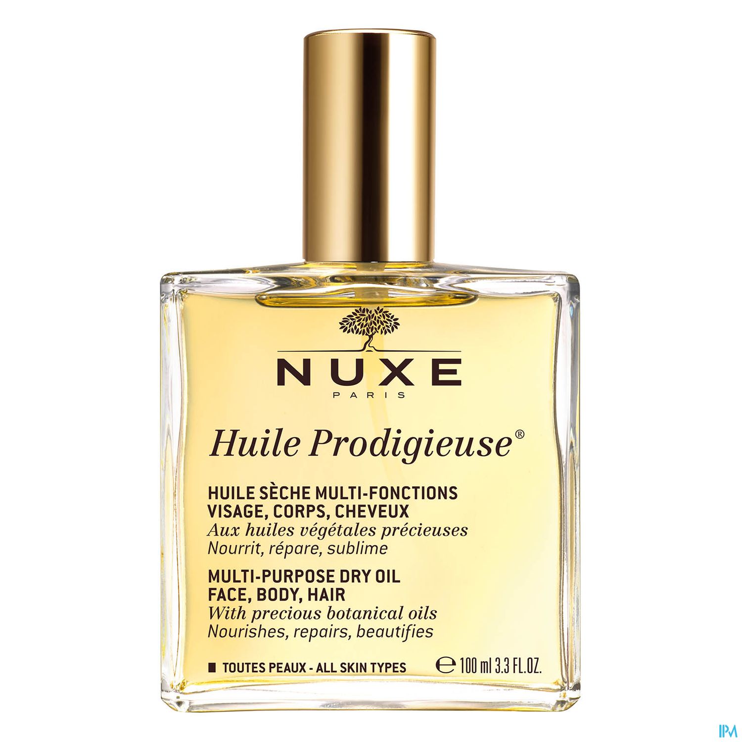 Flasche mit Nuxe Huile Prodigieuse, einer vielseitigen Trockenöl-Formulierung für Gesicht, Körper und Haare.