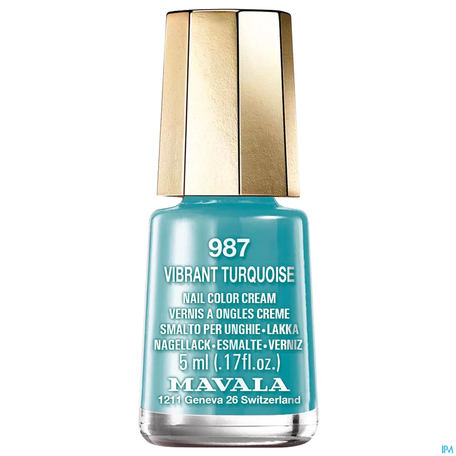 Flasche mit Nagellack in Türkisfarbe, beschriftet mit "987 VIBRANT TURQUOISE", Marke Mavala, Inhalt 5 ml.