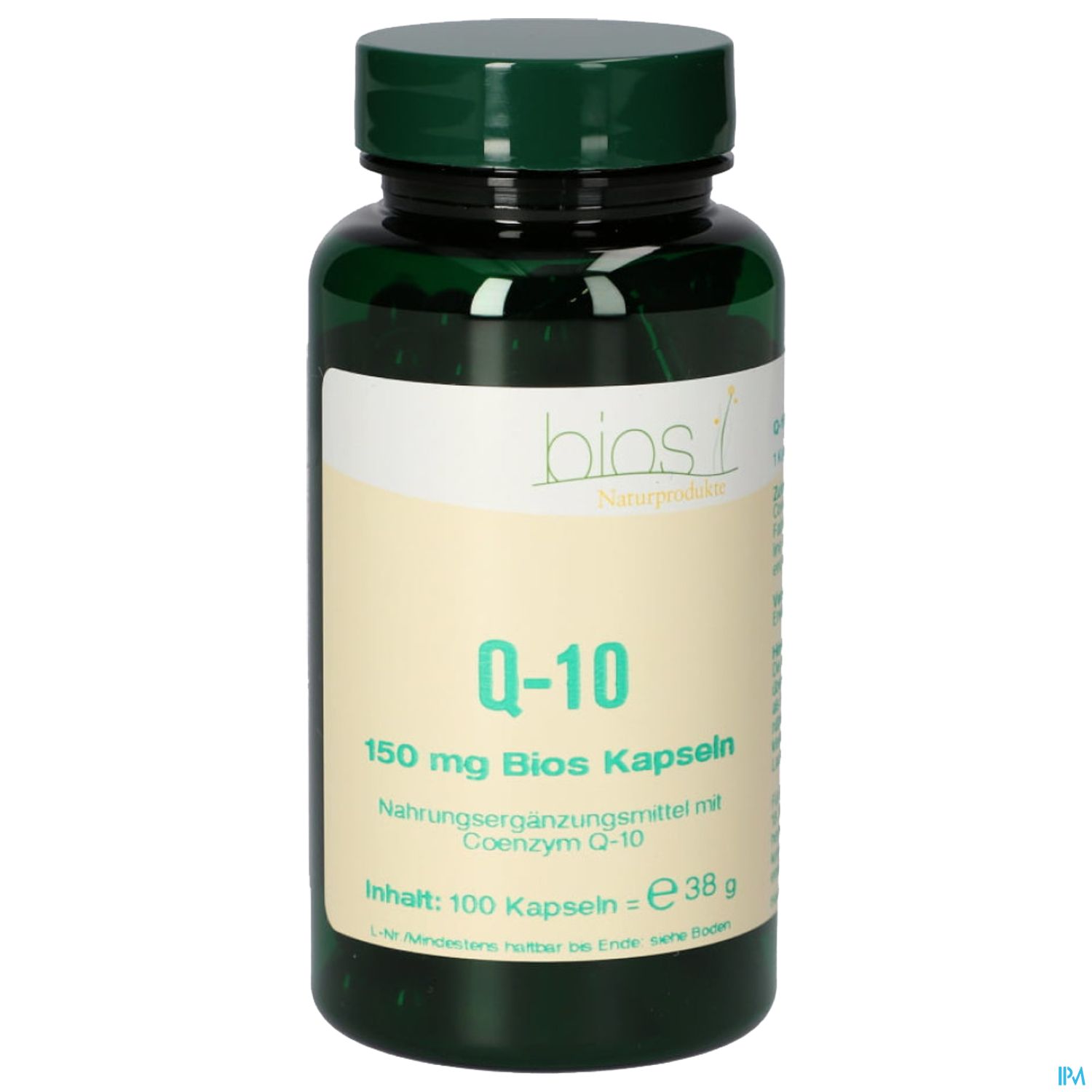 Grüne Flasche mit Kapseln, Beschriftung "Q-10 150 mg Bios Kapseln, Nahrungsergänzungsmittel mit Coenzym Q-10, Inhalt: 100 Kapseln, 38 g".
