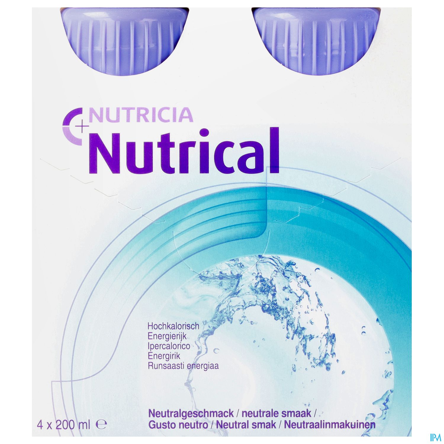 Verpackung mit vier Flaschen Nutricia Nutrical, neutralem Geschmack, 200 ml pro Flasche.