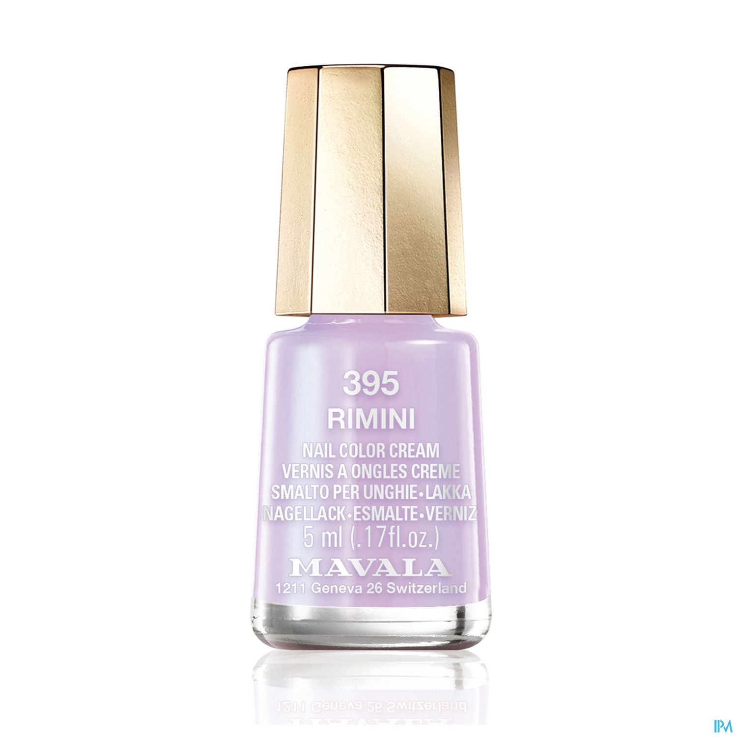 Lila Nagellack in einem transparenten Fläschchen mit goldener Kappe, beschriftet mit "395 RIMINI" und der Marke "MAVALA".