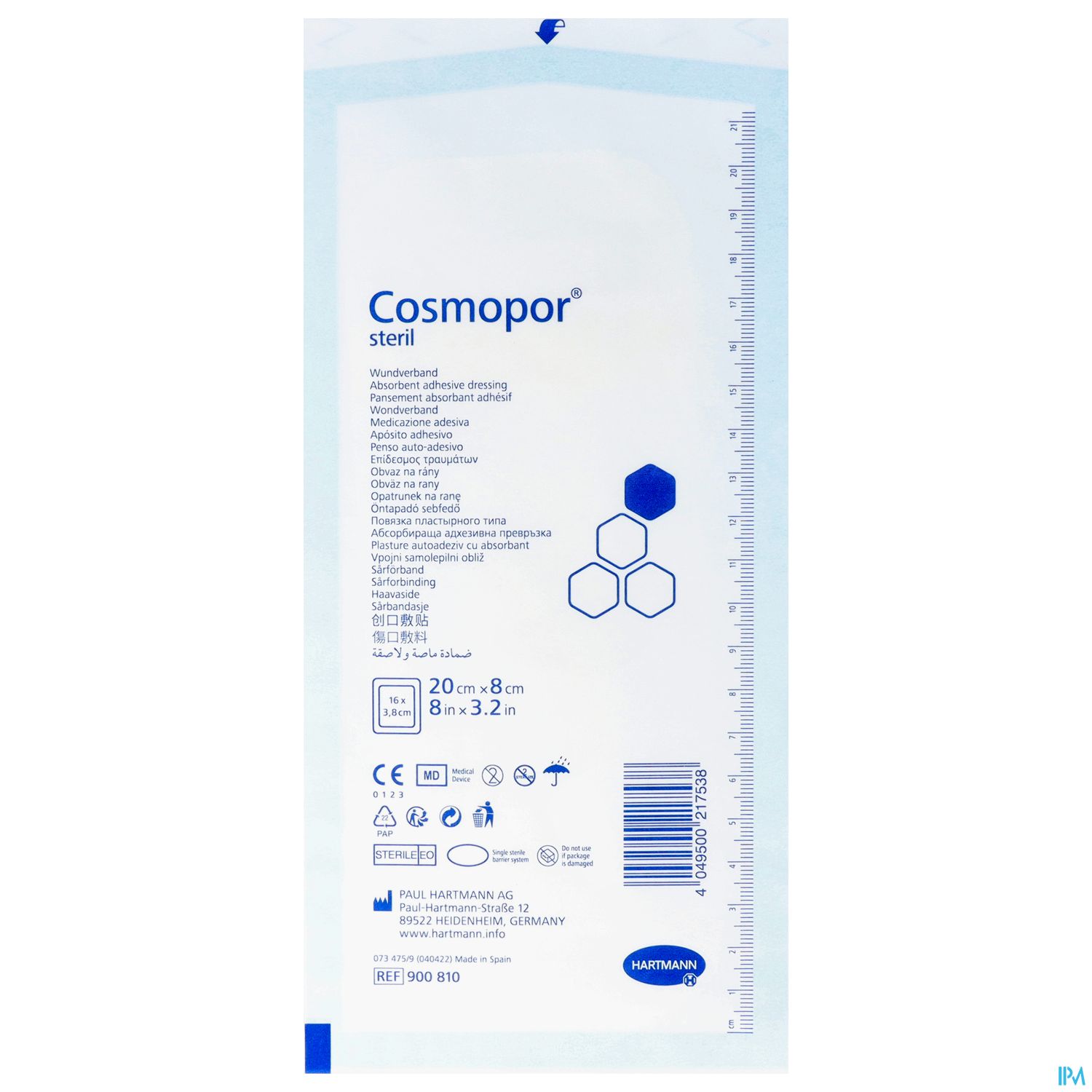 Verpackung eines sterilen Wundverbands namens Cosmopor, Maße 20 cm x 8 m, mit hochwertigen Sicherheitshinweisen und Herstellerinformationen.