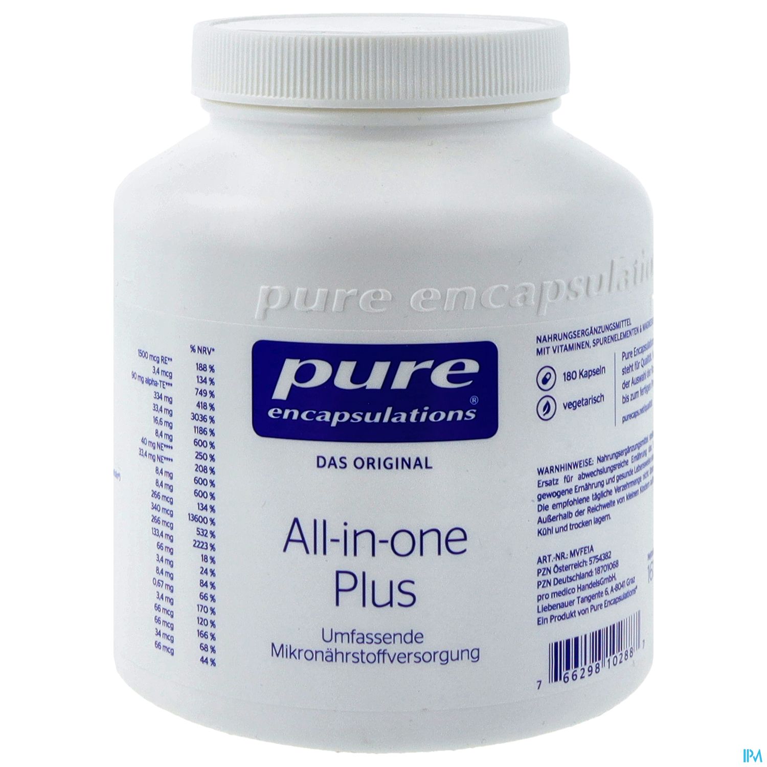 Weißer Behälter mit Deckel, beschriftet mit "pure encapsulations All-in-one Plus" und Angaben zur Mikronährstoffversorgung.