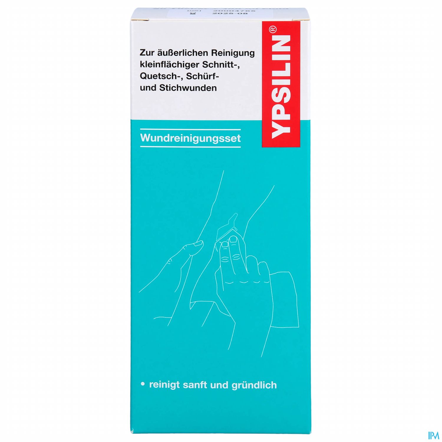 Packung eines Wundreinigungssets von YPSILIN, Beschreibung zur Verwendung für kleinere Wunden.