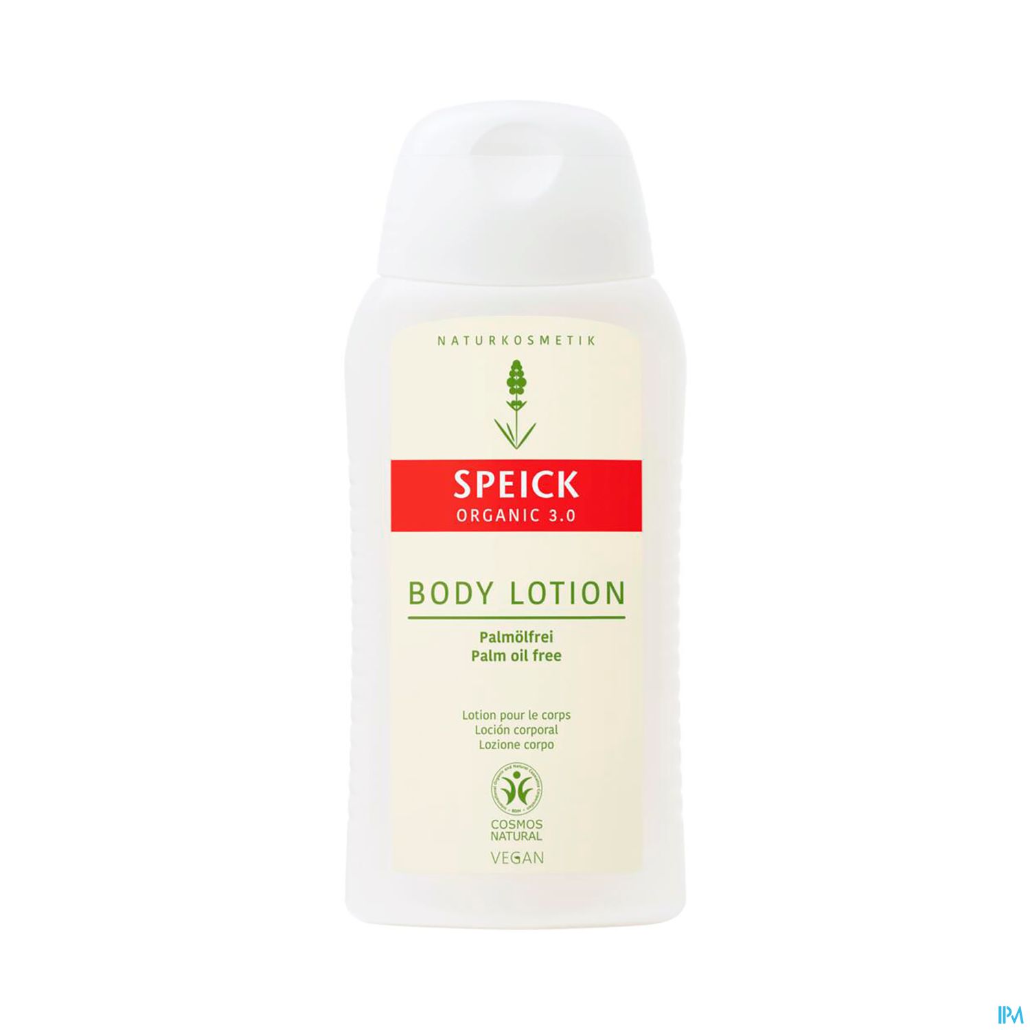 Flasche mit Speick Bio-Körperlotion, weiß mit rotem Etikett, palmölfrei, vegane Naturkosmetik.