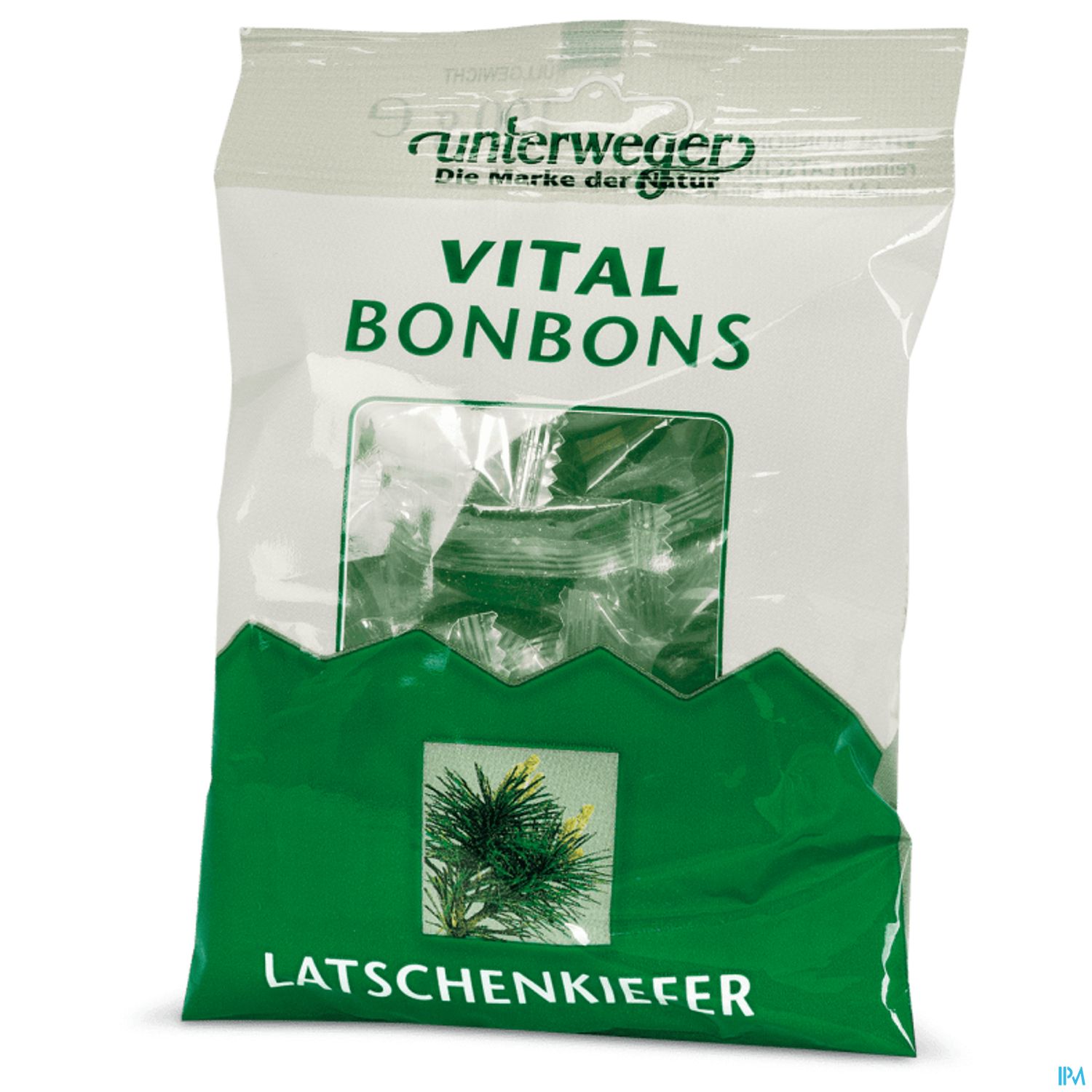 Verpackung von Vital Bonbons mit der Aufschrift "Latschenkiefer" und dem Logo von Unterweger.