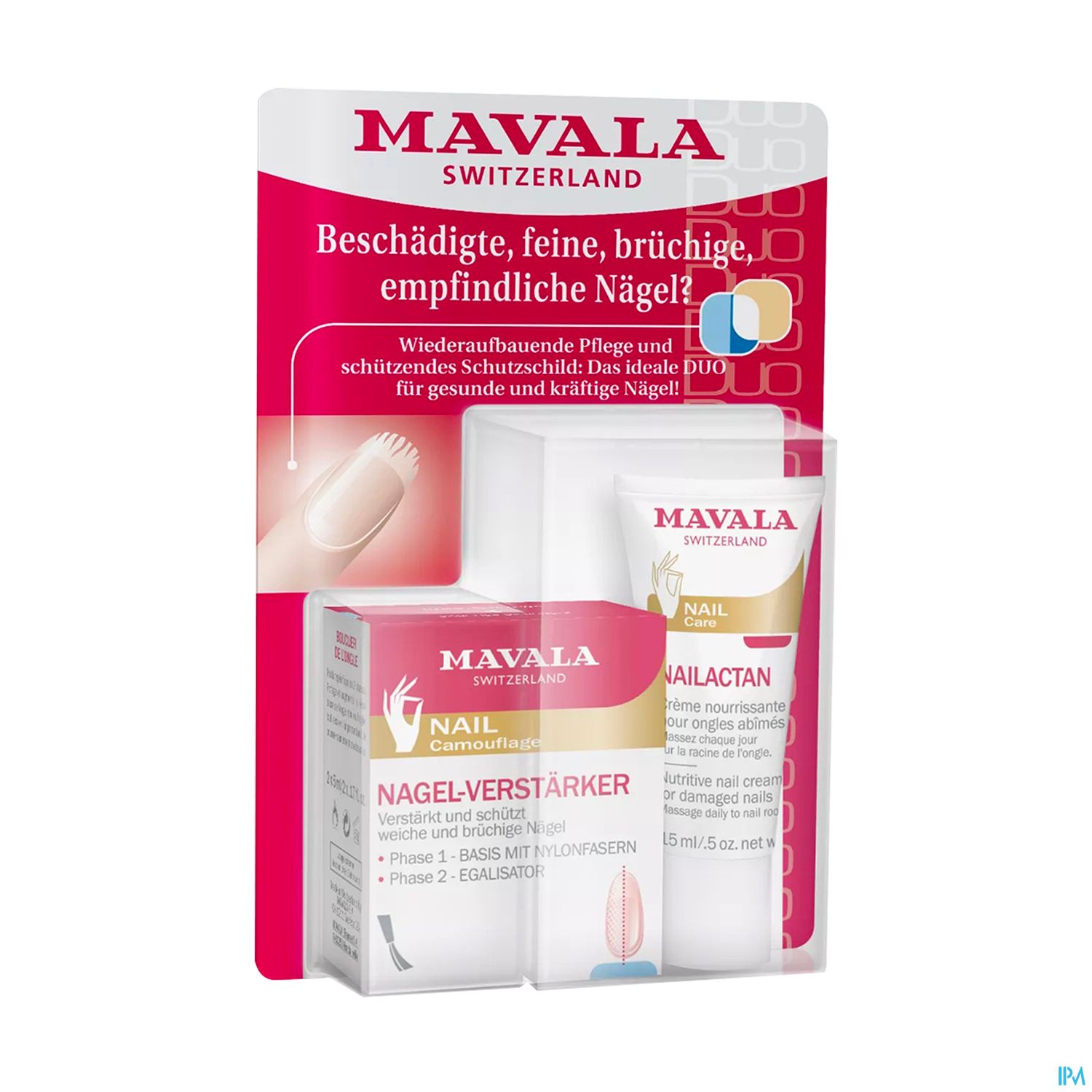 Verpackung des Mavala Nail Care Sets mit Produkten zur Stärkung und Pflege beschädigter Nägel.