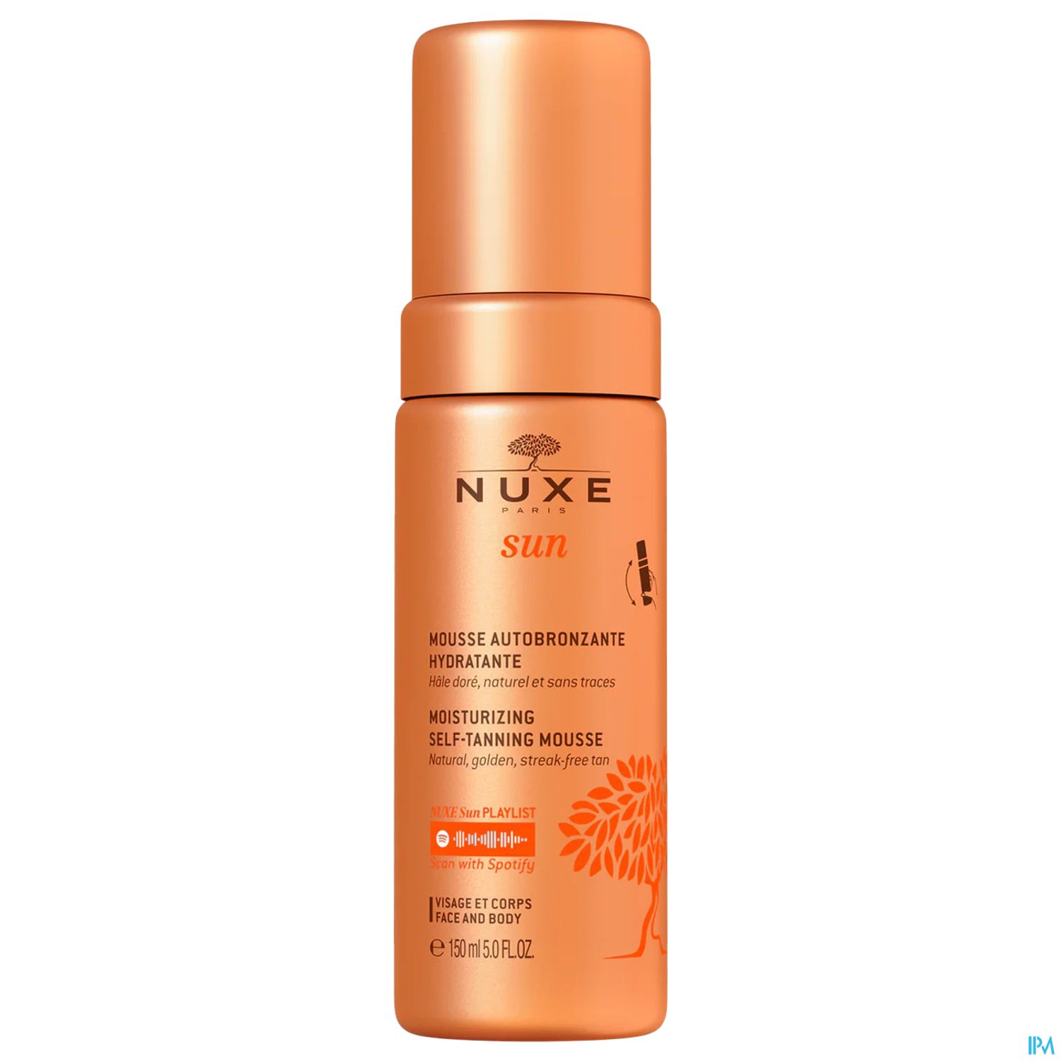 Flasche mit Selbstbräuner von Nuxe, orangefarbige Verpackung mit schwarzem Text und Logo.