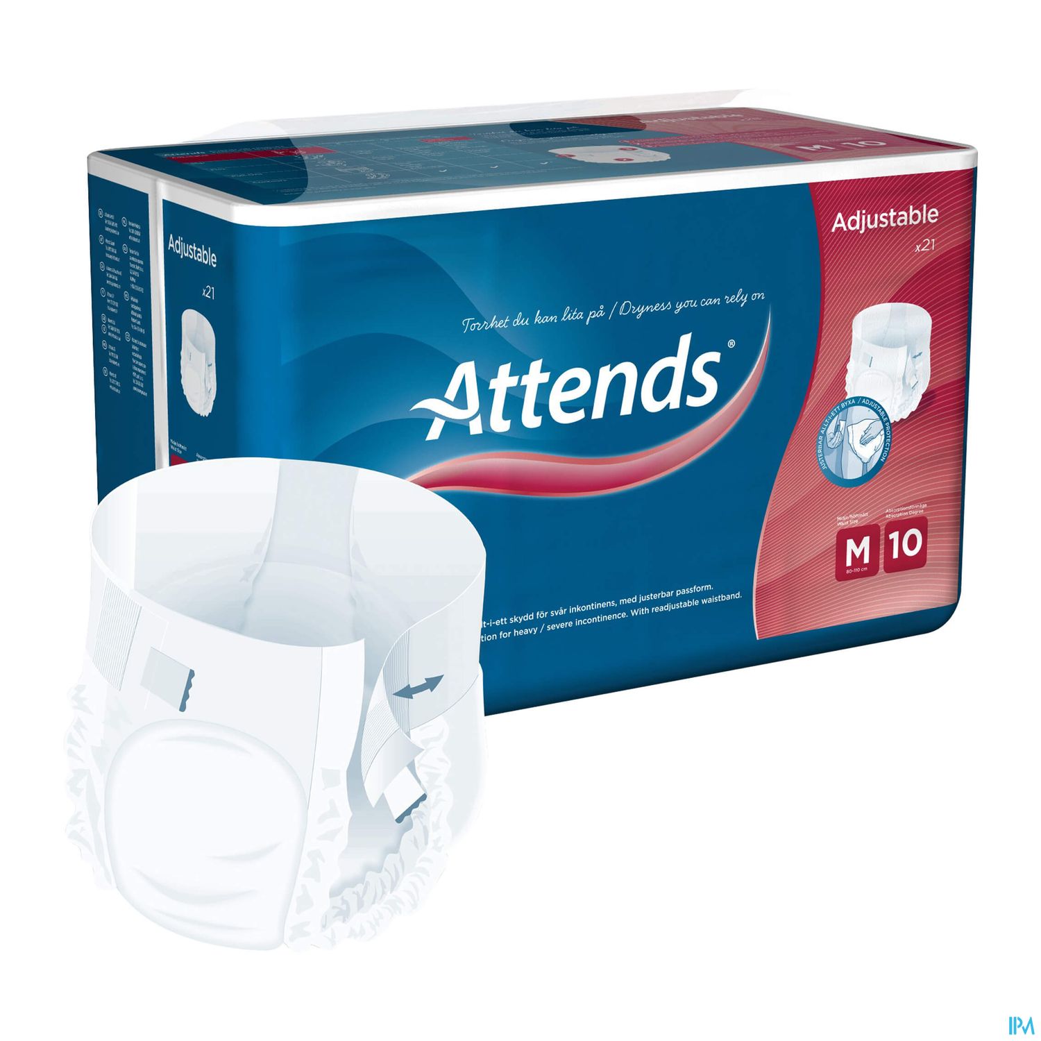Verpackung von Attends Erwachsenenwindeln, Größe M 10, mit einem weißen Windelaufschnitt im Vordergrund.