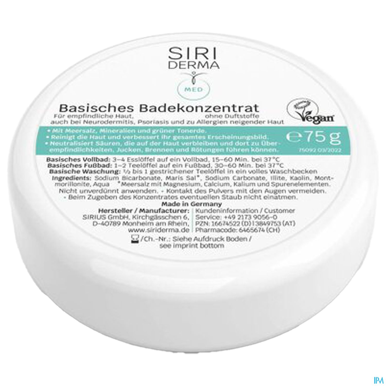 Weißer Behälter mit Deckel, beschriftet mit "SIRI DERMA MED Basisches Badekonzentrat" und Hinweisen zur Anwendung und Inhaltsstoffen.