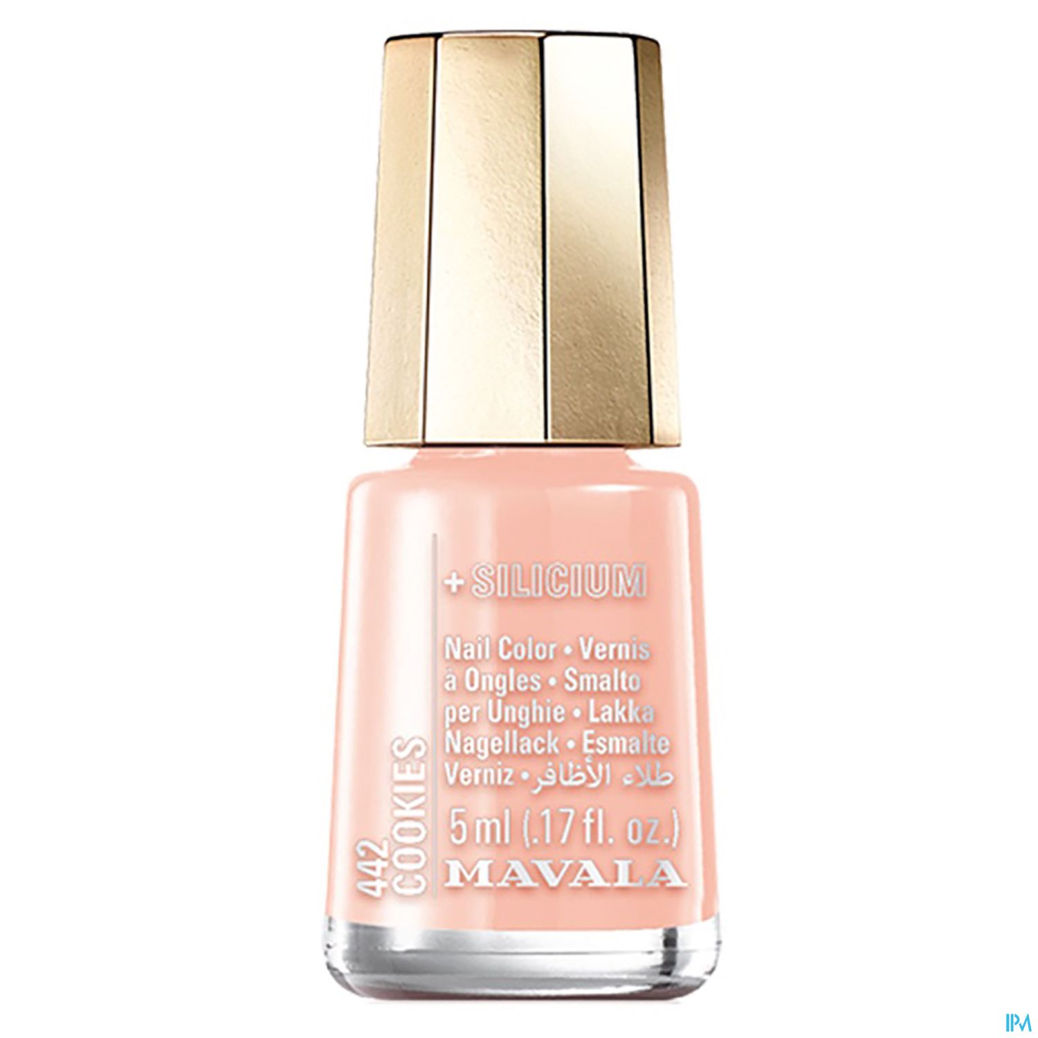 Nagellackflasche von Mavala in hellrosa mit goldfarbenem Deckel, Beschriftung "442 Cookies" und "Silicium".