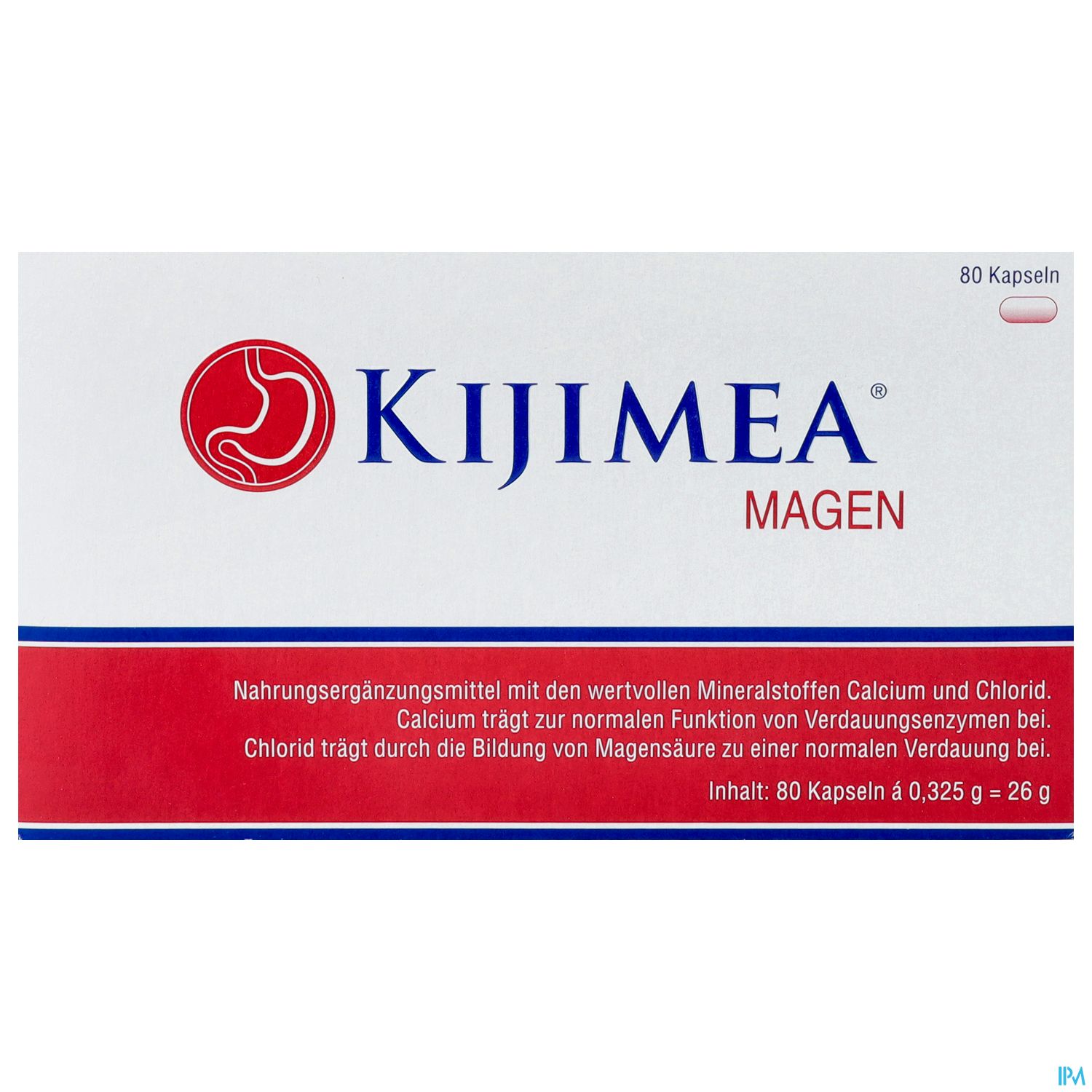 Packung des Nahrungsergänzungsmittels Kijimea Magen mit 80 Kapseln, Hinweis auf die Inhaltsstoffe Calcium und Chlorid.
