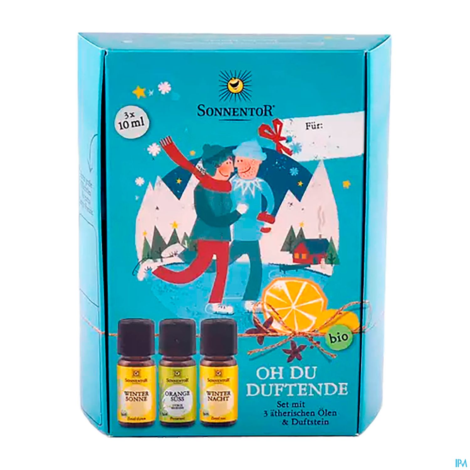 Verpackung eines Aromaset von Sonnentor mit dem Titel „OH DU DUFTENDE“, das drei Fläschchen ätherischer Öle in einem blauen, winterlichen Design zeigt.