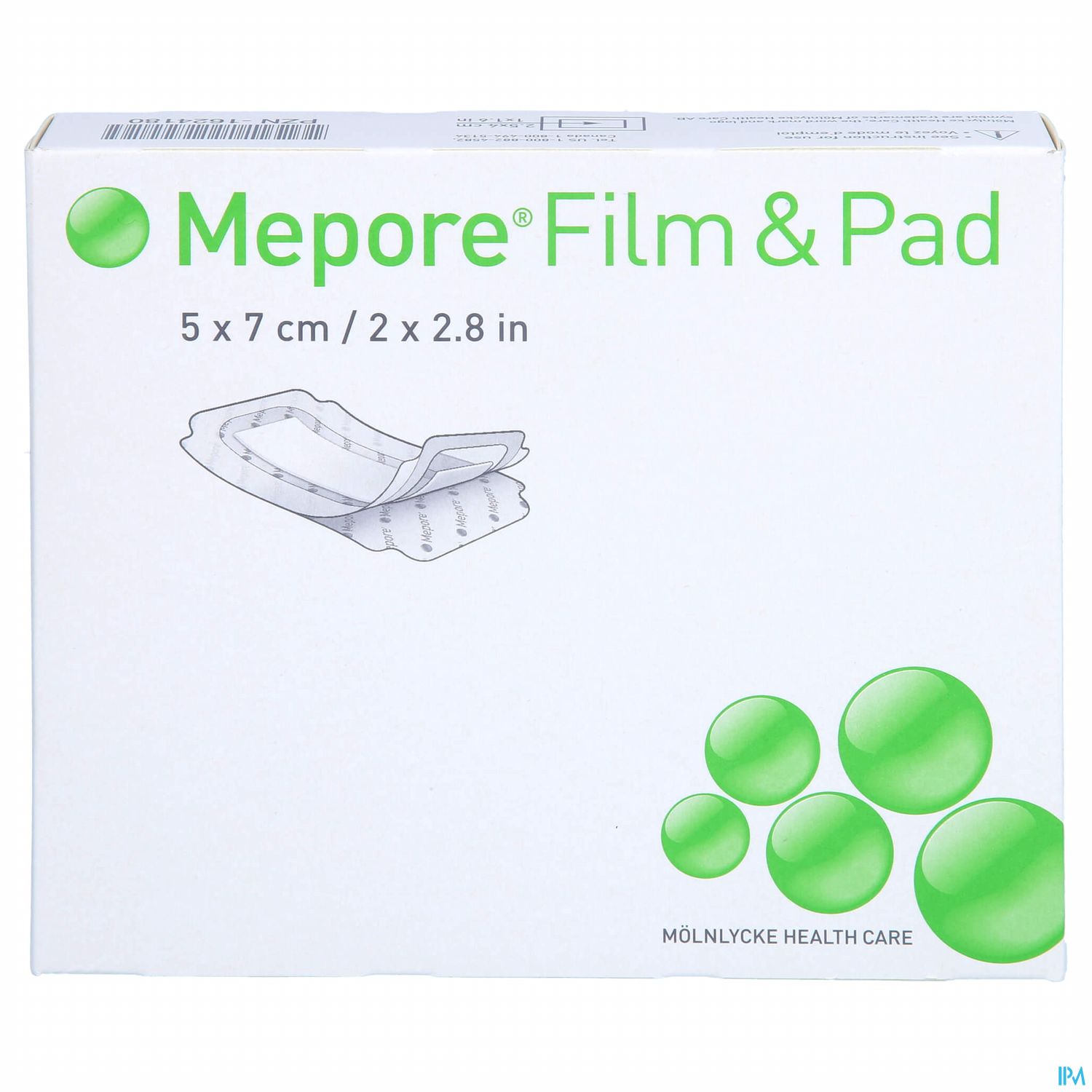Verpackung von Mepore® Film & Pad, Größe 5 x 7 cm, auf weißem Hintergrund.