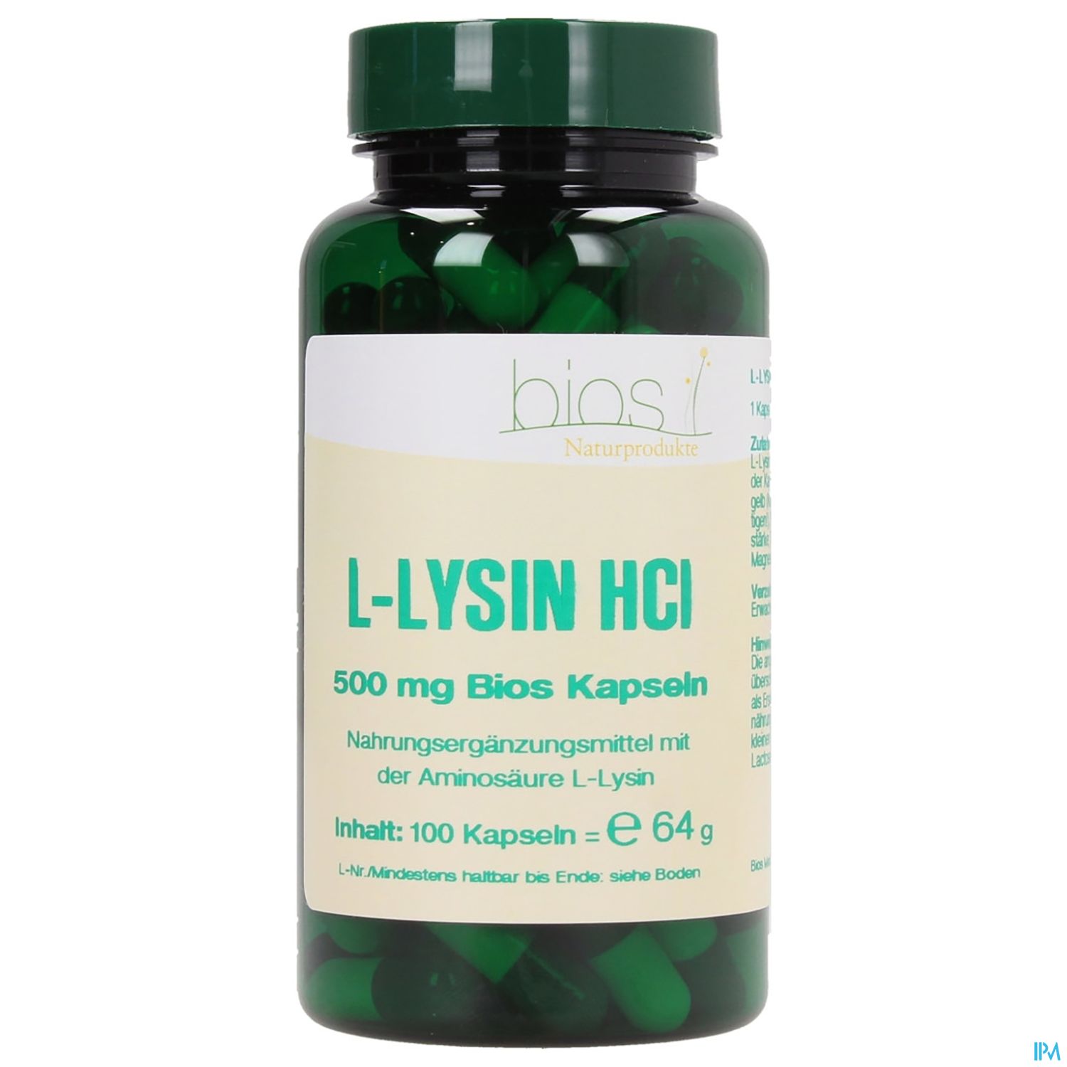 Grüne Kapseln in einer transparenten Flasche mit der Aufschrift "L-Lysin HCl 500 mg Bios Kapseln" und Informationen zu Nährstoffen und Inhalt.