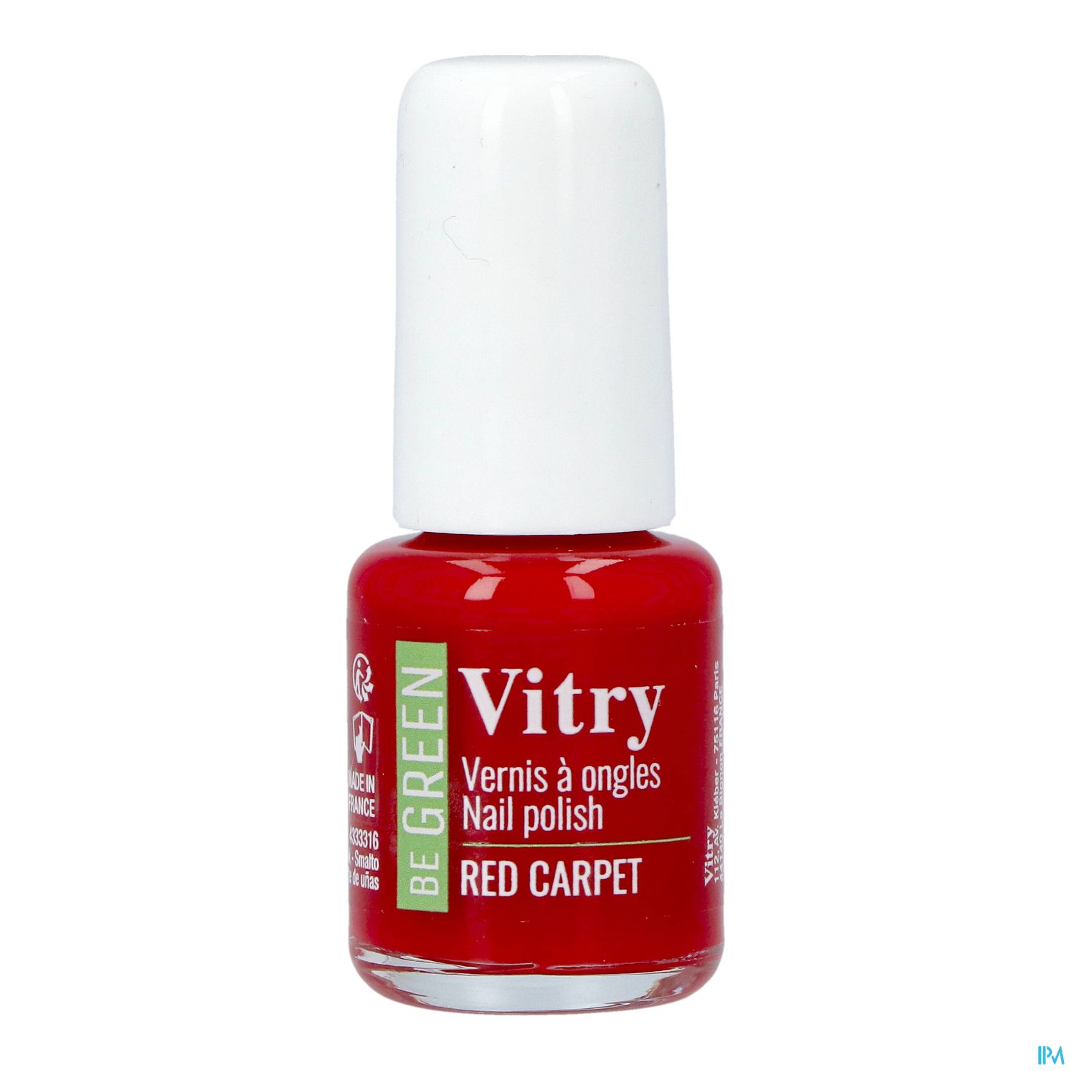 Nagellack-Flasche in roter Farbe mit der Aufschrift "Vitry Be Green" und "Red Carpet".