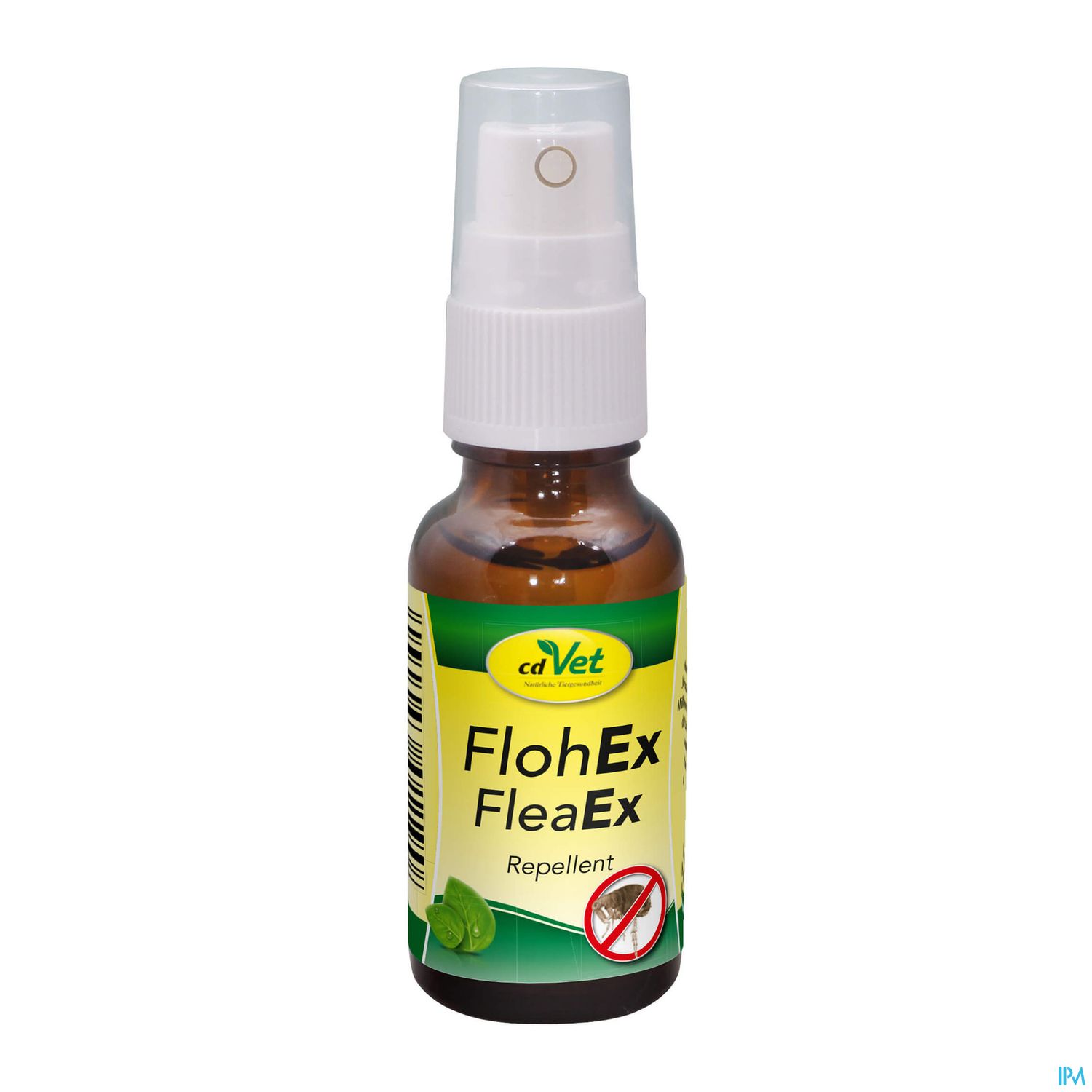 Braune Sprühflasche mit grünem Etikett und dem Produktnamen "FlohEx FleaEx" sowie einem Symbol gegen Flöhe.