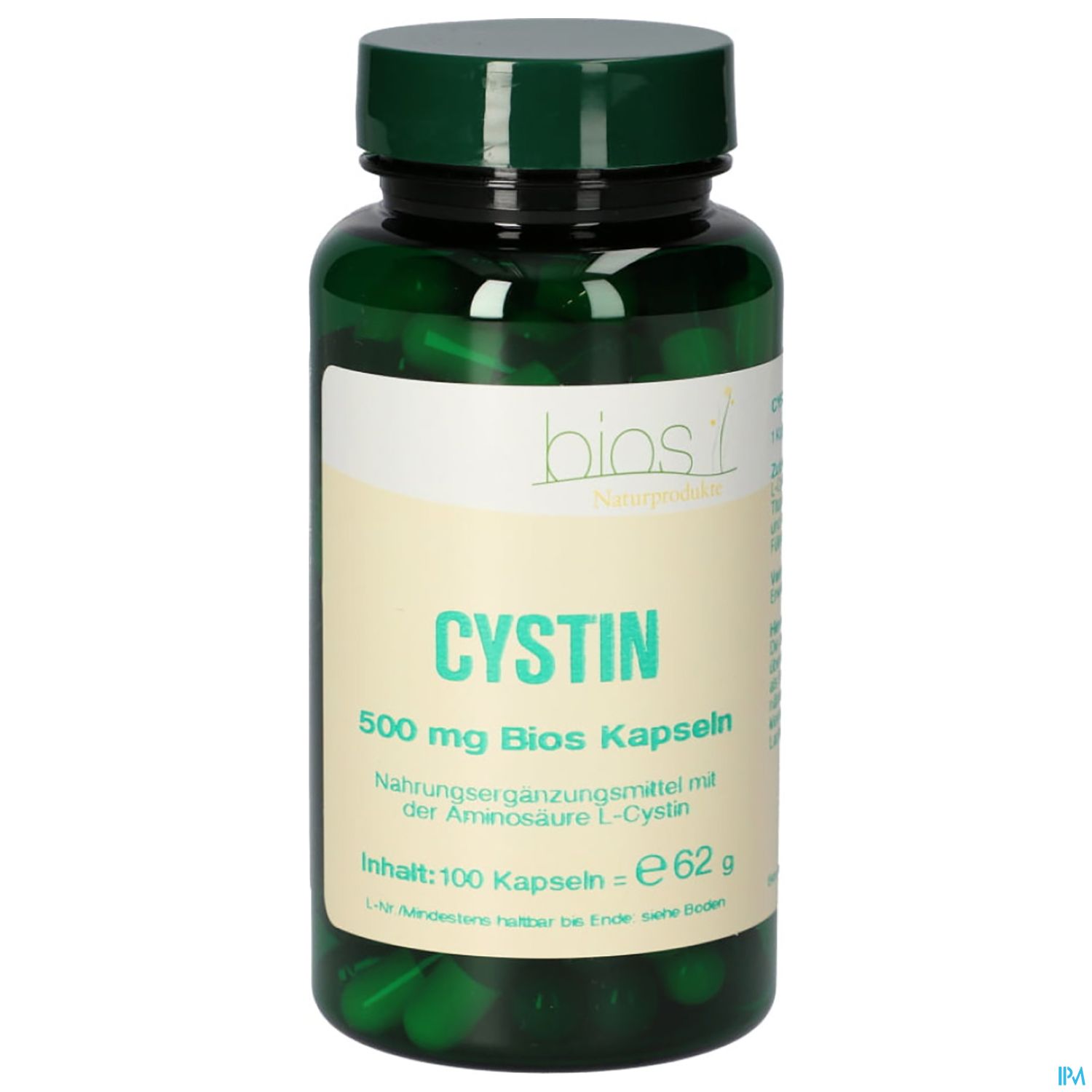 Grünes Fläschchen mit der Aufschrift "Cystin 500 mg Bios Kapseln", enthält 100 Kapseln, Nahrungsergänzungsmittel mit L-Cystin.