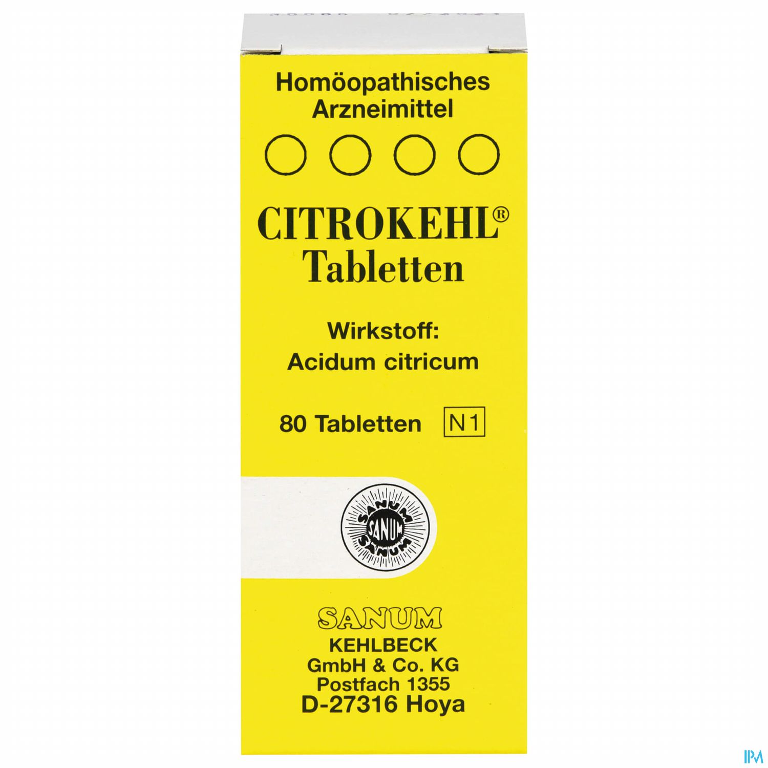 Gelbe Verpackung des homöopathischen Arzneimittels Citrokehl Tabletten mit der Wirkstoffbezeichnung Acidum citricum und der Angabe von 80 Tabletten.