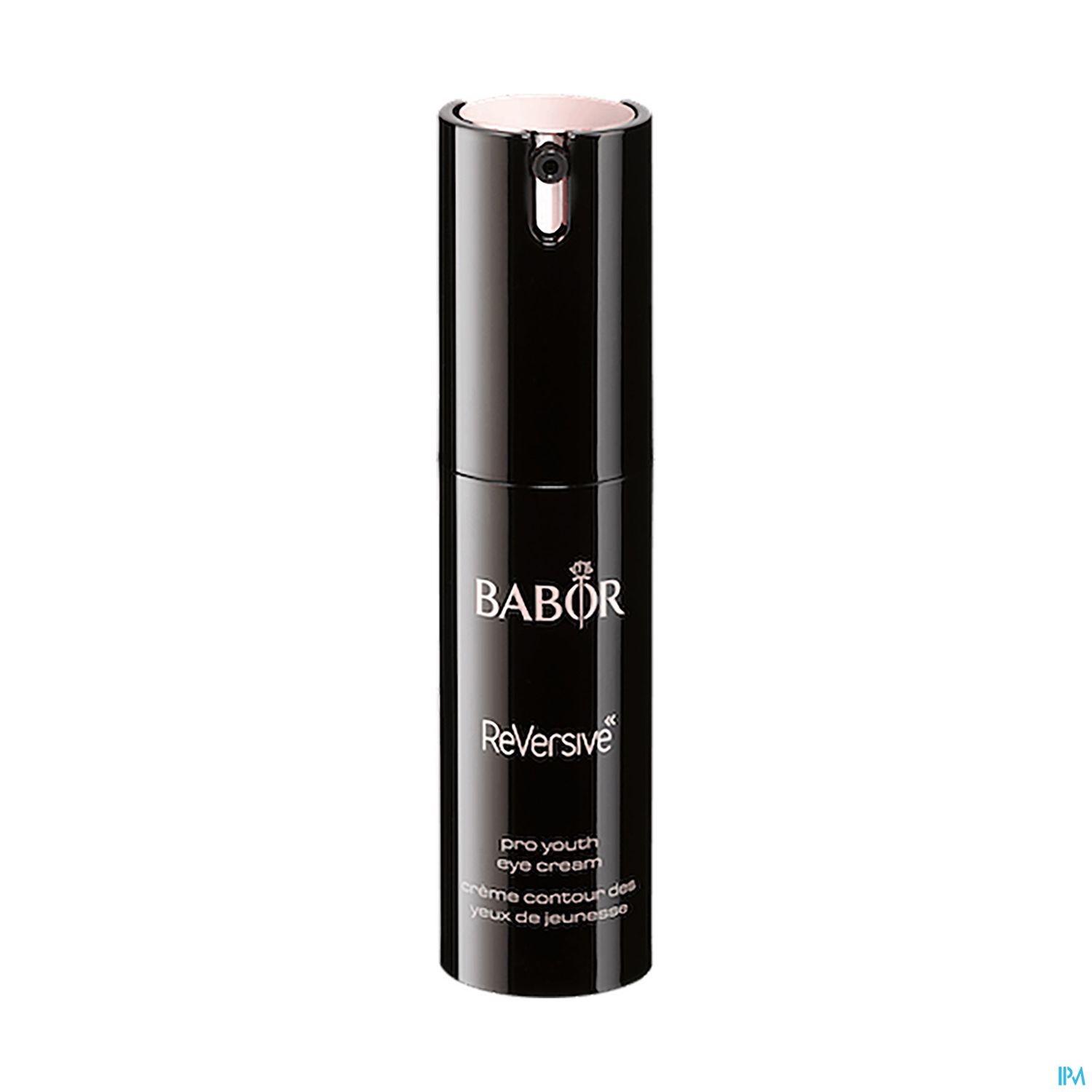 Schwarze Flasche mit dem Label "Babor Reversive Pro Youth Eye Cream".