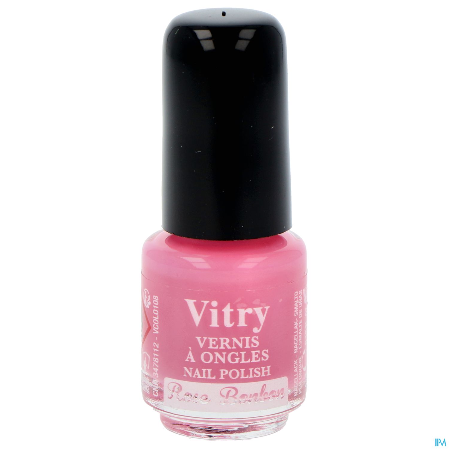 Eine Flasche rosa Nagellack mit schwarzem Deckel und der Aufschrift "Vitry Vernis à Ongles Nail Polish".