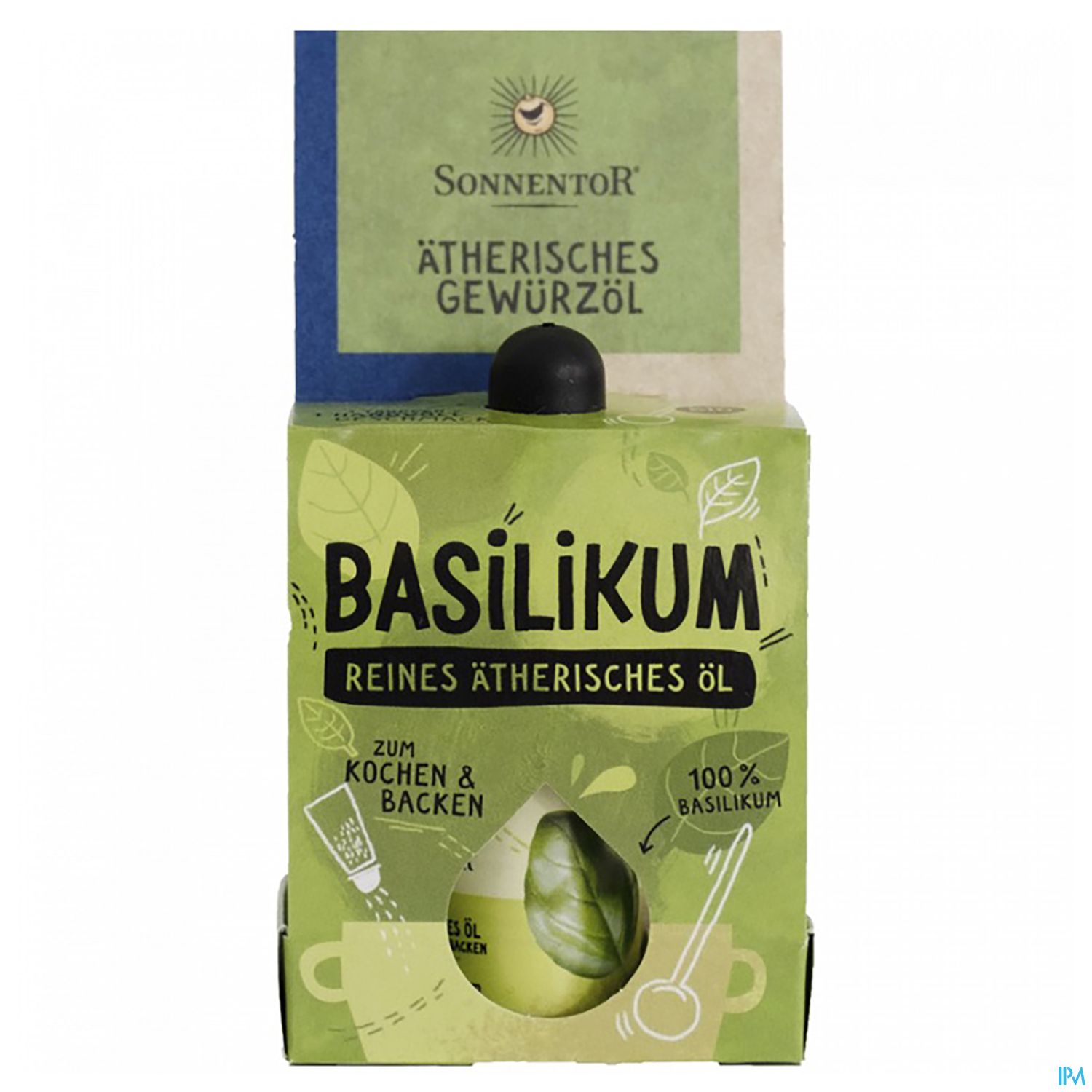 Flasche mit ätherischem Basilikumöl, beschriftet mit „BASILIKUM - reines ätherisches Öl - zum Kochen & Backen - 100% Basilikum“.