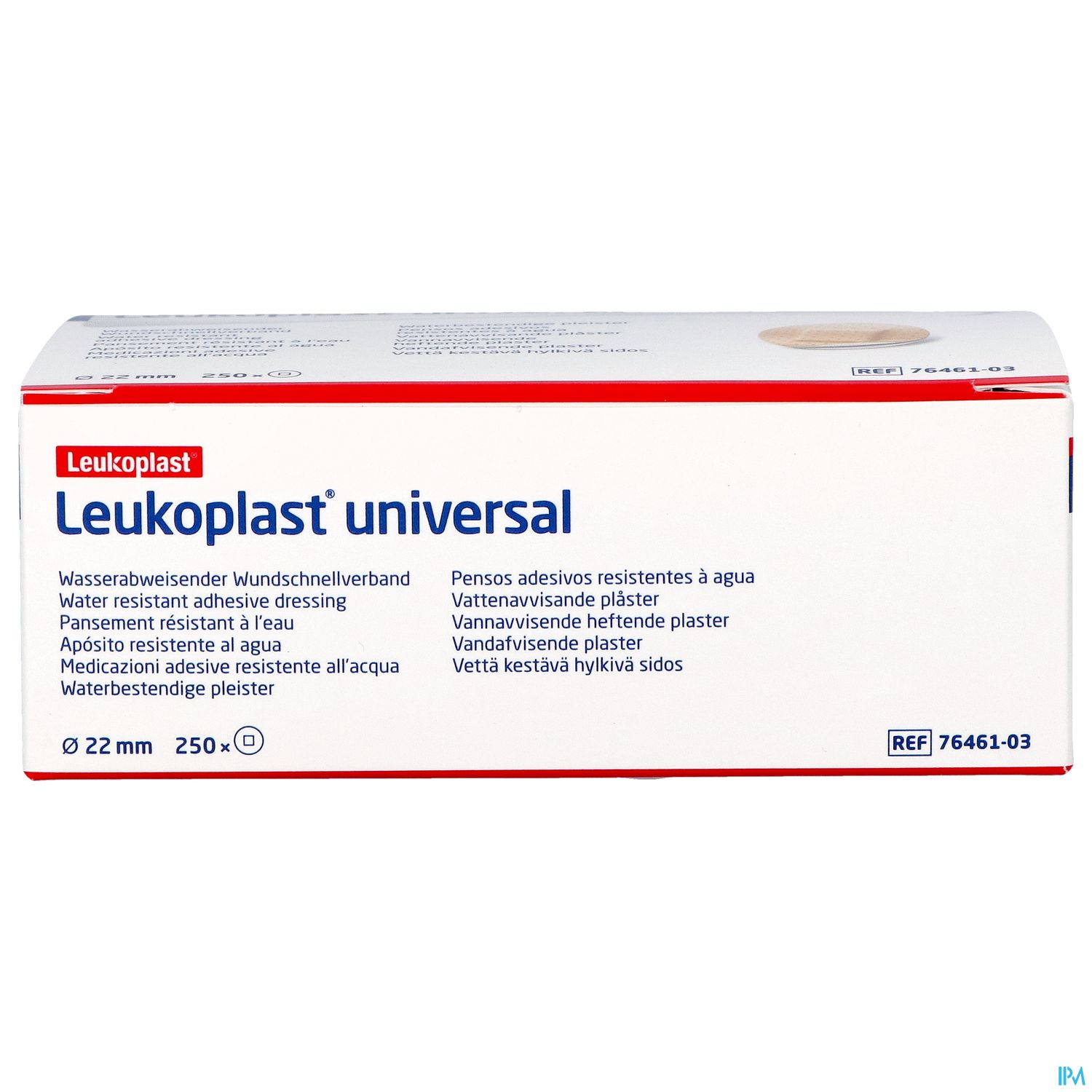 Verpackung eines Wasser abweisenden Wundschnellverbandes namens "Leukoplast" universal, enthält 250 Stück.