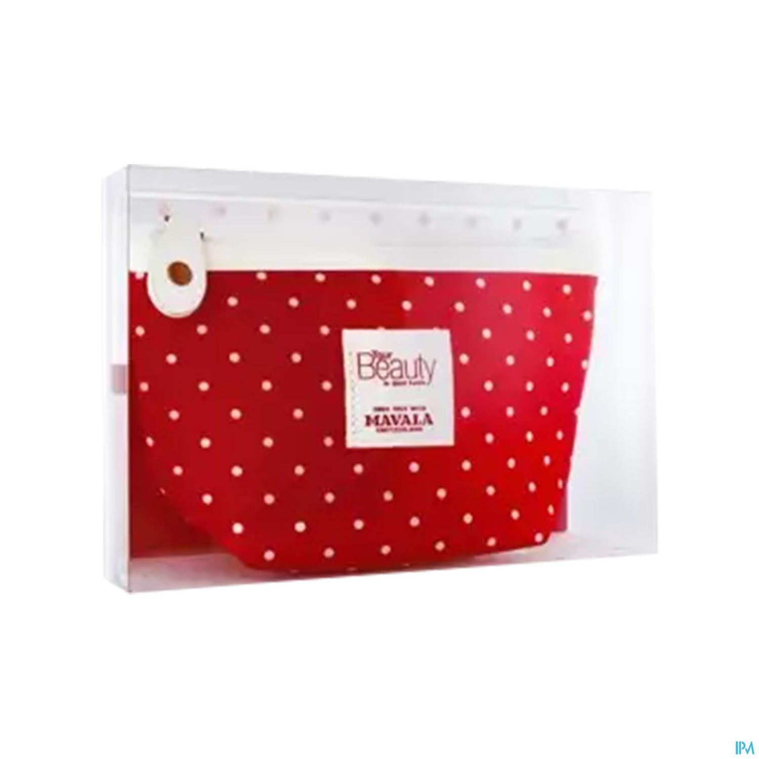 Rote Kosmetiktasche mit weißen Punkten und einem Reißverschluss.