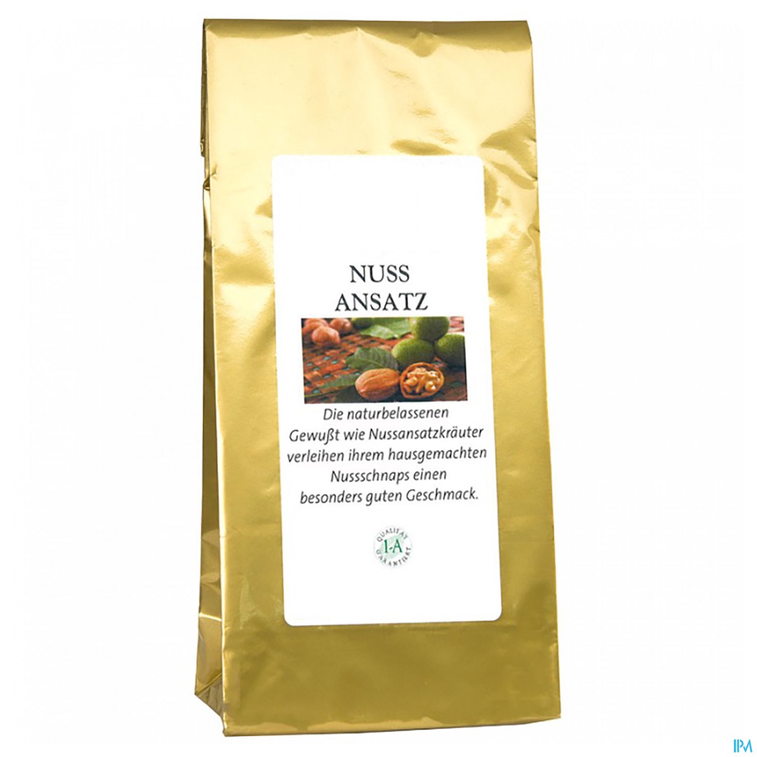 Goldfarbene Verpackung mit der Aufschrift "NUSSANSETZ" und Beschreibung des Produkts.