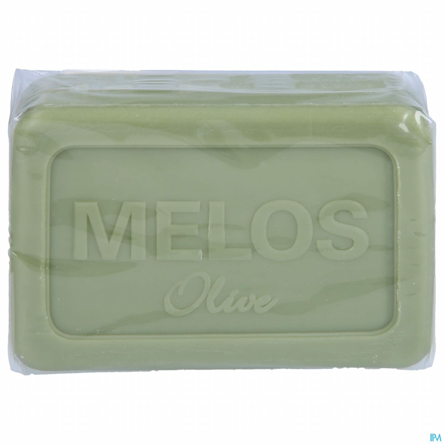 Grüne Seife in transparenter Verpackung mit der Aufschrift "MELOS Olive".