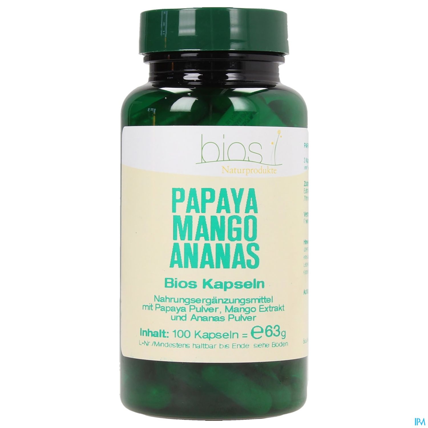 Grüne Kapsel-Flasche mit der Aufschrift "Papaya Mango Ananas Bios Kapseln" und Hinweisen zu Inhaltsstoffen und Menge.