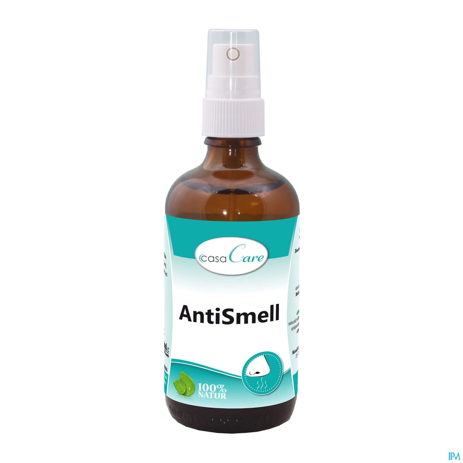 Braunflasche mit Sprühverschluss, beschriftet mit "AntiSmell" und "100% Natur".