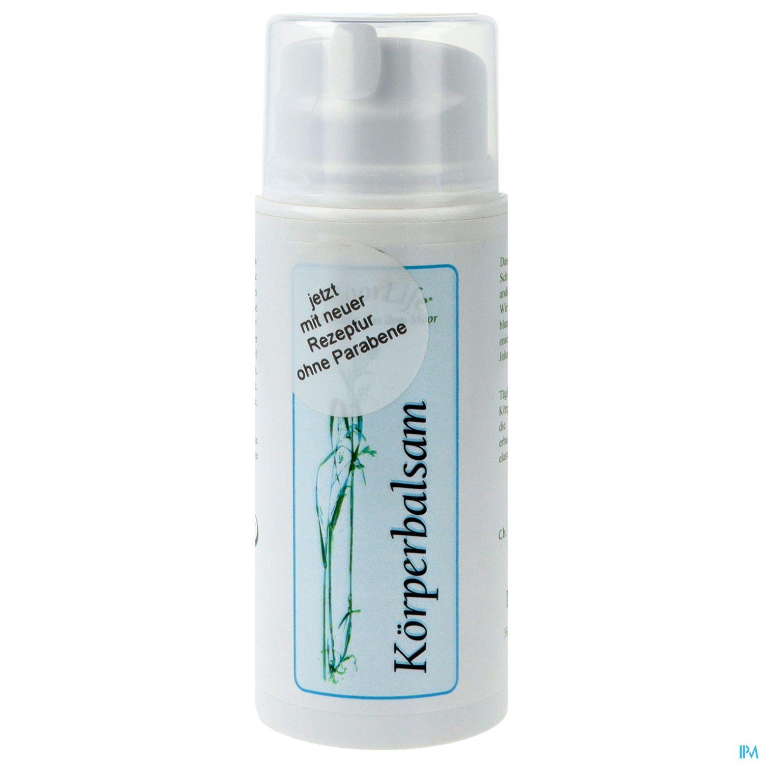 Spenderflasche für Körperbalsam mit Aufschrift "Körperbalsam" und einem Hinweis auf ein neues Rezept ohne Parabene.