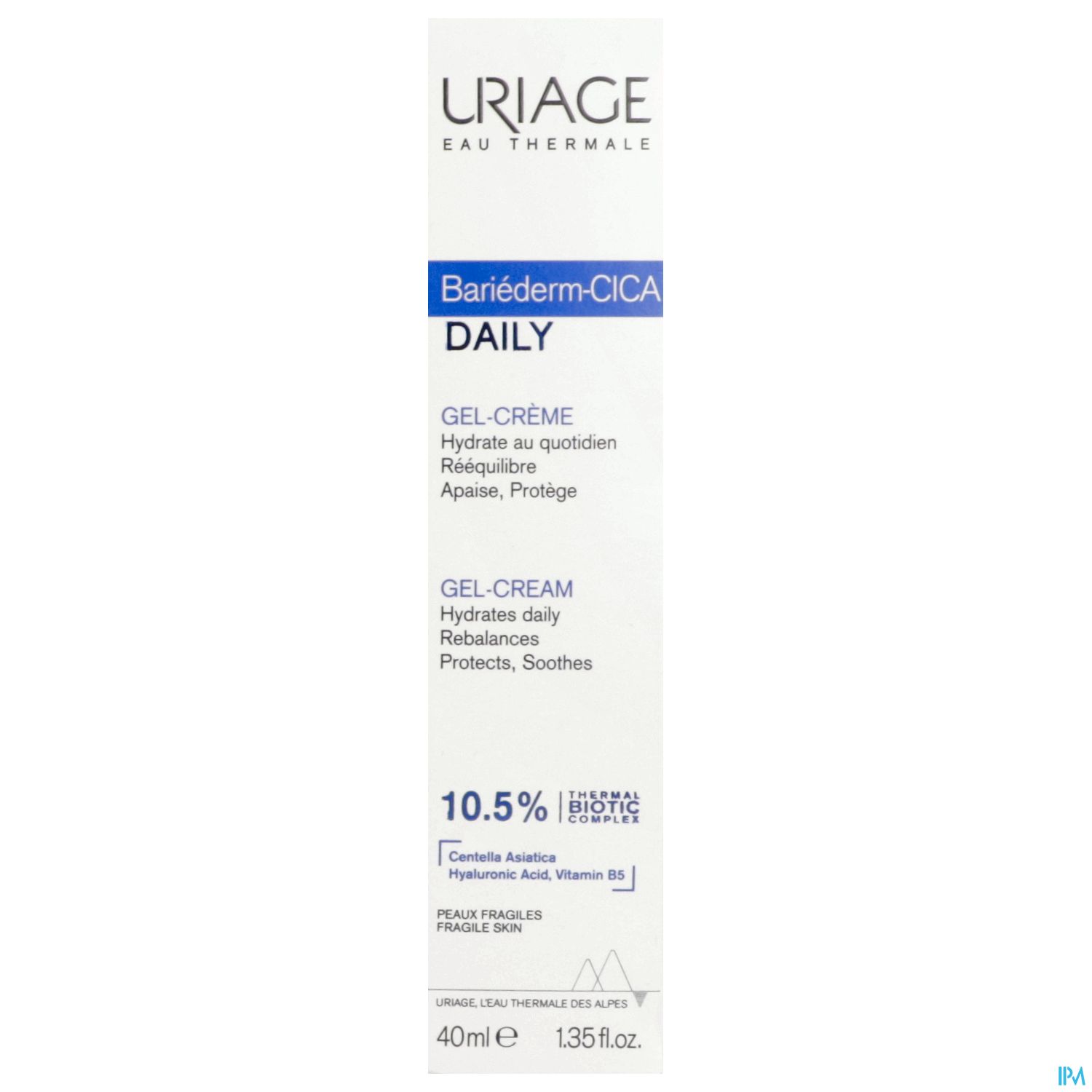 Produktverpackung von Uriage Bariéderm-CICA Daily Gel-Crème, 40 ml, mit Beschreibung der Eigenschaften und Inhaltsstoffe.