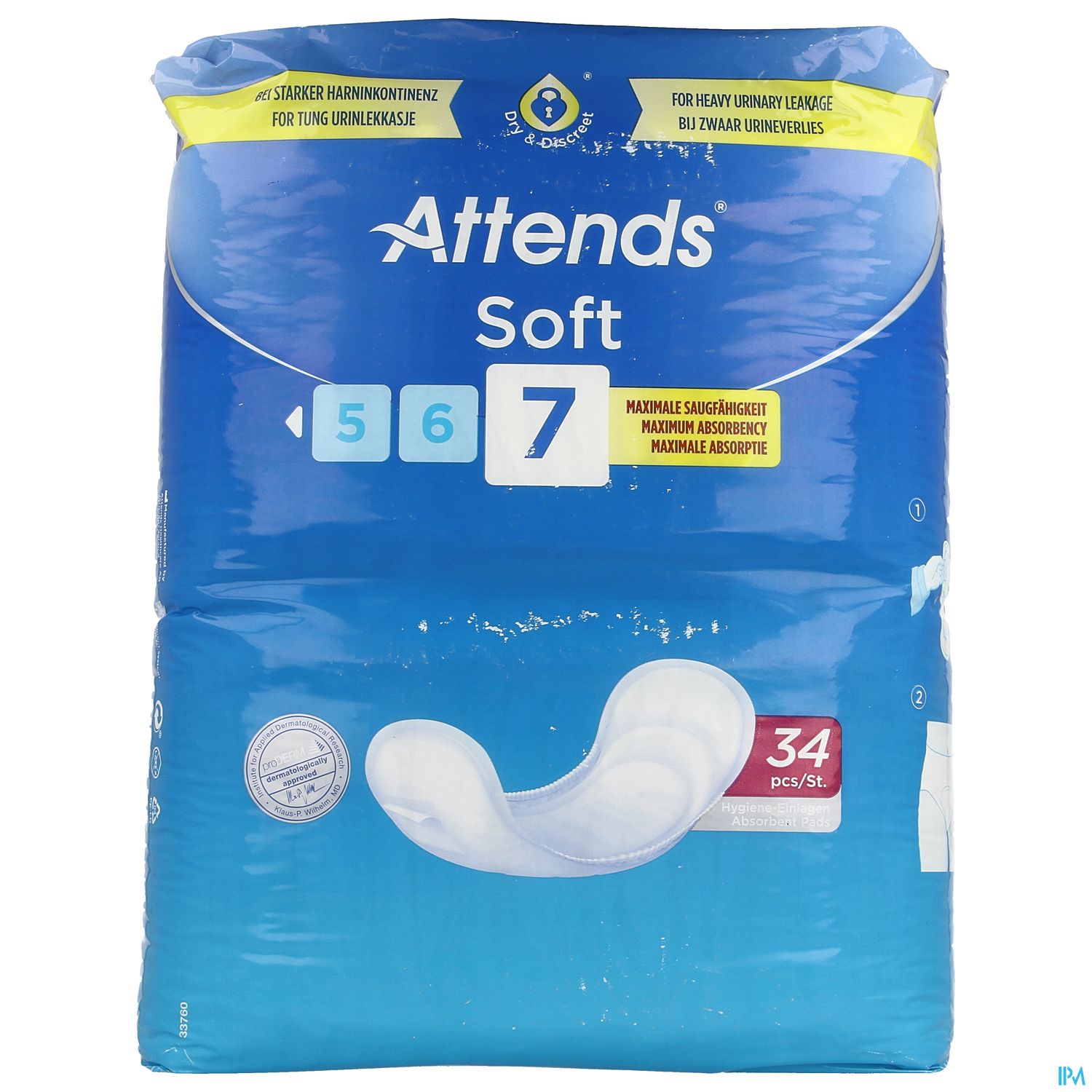 Packung mit Attends Soft Inkontinenzprodukten, Größe 5-7, 34 Stück.