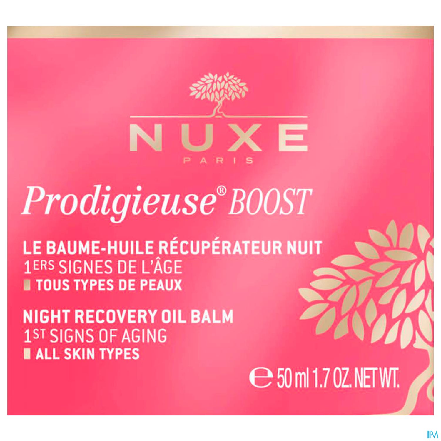 Produktverpackung von NUXE Paris "Prodigieuse® BOOST" Nachtölbalsam. Rosa Hintergrund mit weißen und goldenen Schriftzügen.