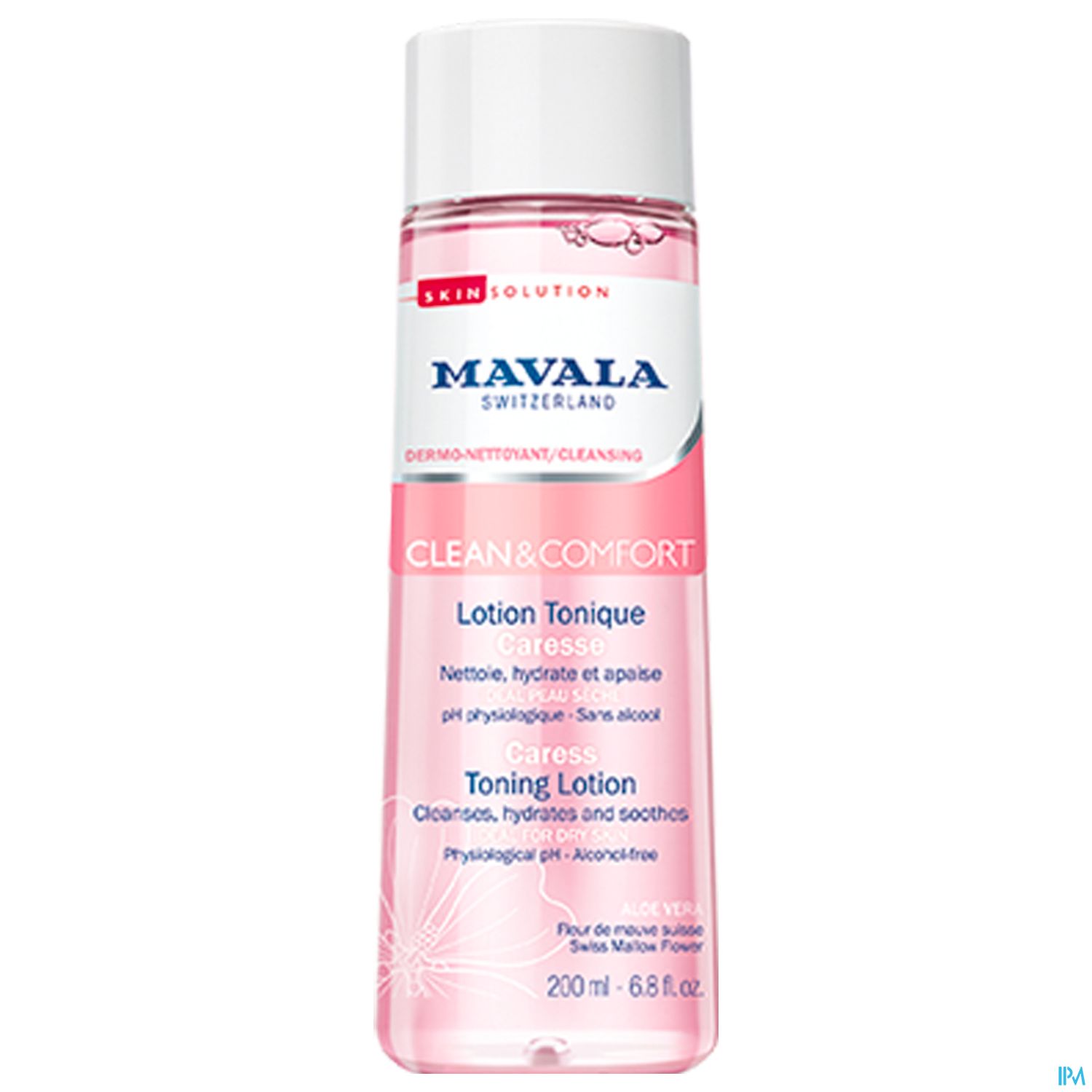 Flasche mit Mavala Caress Toning Lotion, 200 ml, rosa mit weißen Details.