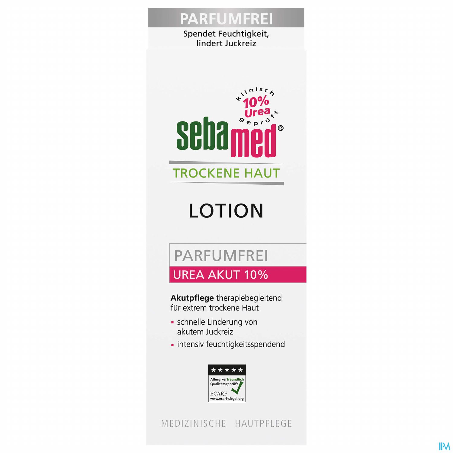 Produktverpackung der Sebamed Lotion für trockene Haut, mit Hinweisen auf hohe Urea-Konzentration und pflegende Eigenschaften.
