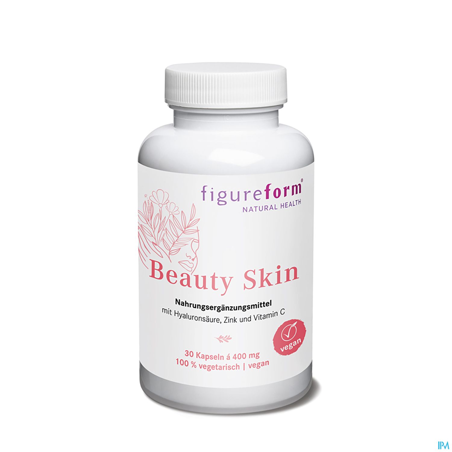 Bote mit Nahrungsergänzungsmittel "Beauty Skin" in weißer Verpackung, das Hyaluronsäure, Zink und Vitamin C enthält, 30 Kapseln, 100% vegetarisch und vegan.