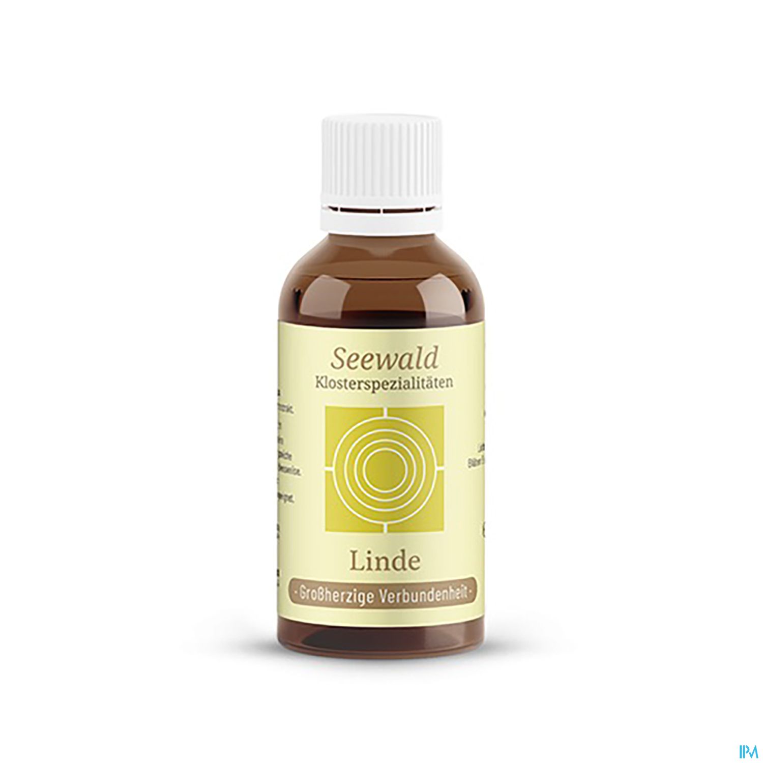Braune Flasche mit gelbem Etikett, beschriftet mit "Seewald Klosterspezialitäten Linde" und der Aufschrift "Großherzige Verbundenheit".
