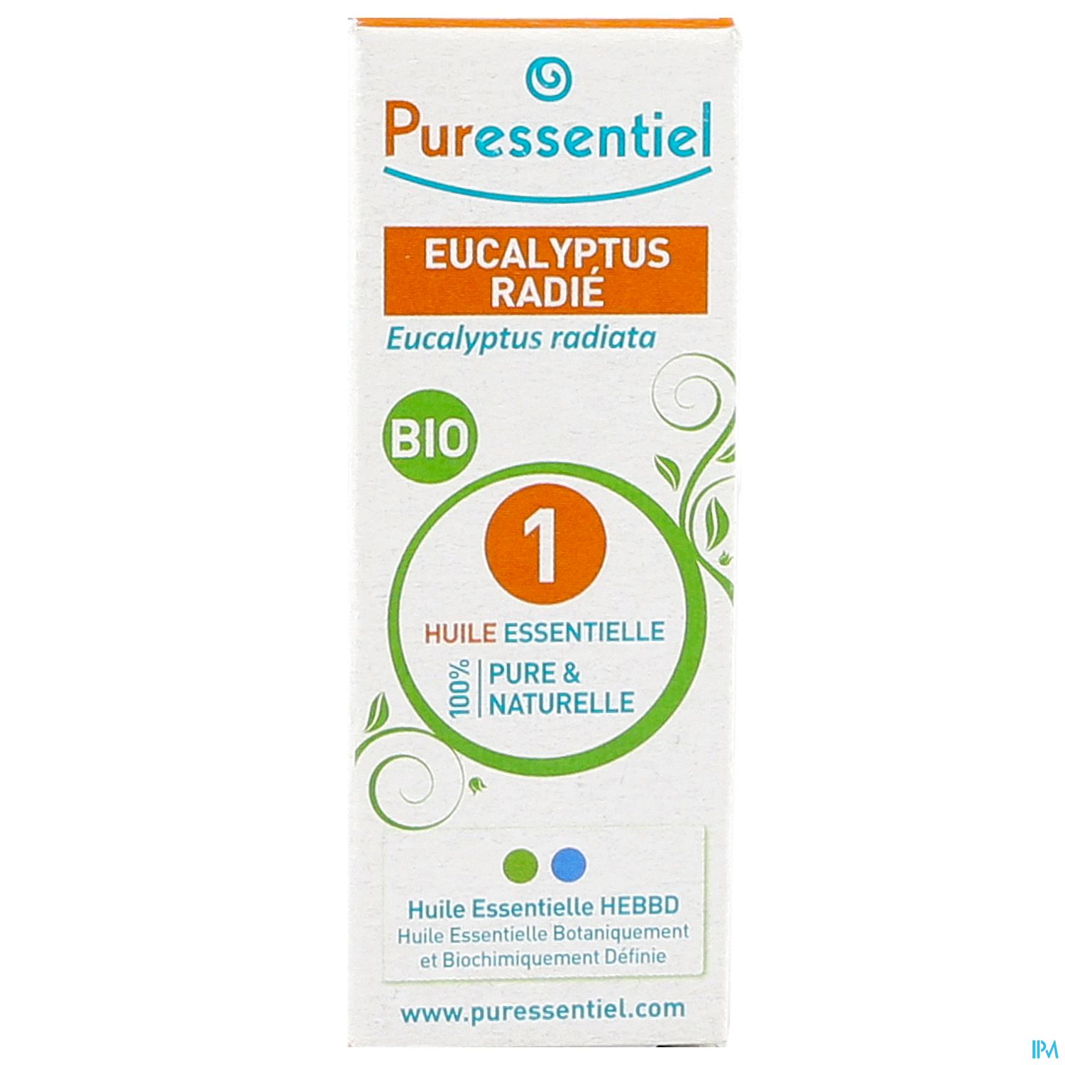 Eine Verpackung für ätherisches Öl aus Eucalyptus radiata mit dem Hinweis auf Bio-Qualität und der Aufschrift "100% pure und natürliche".