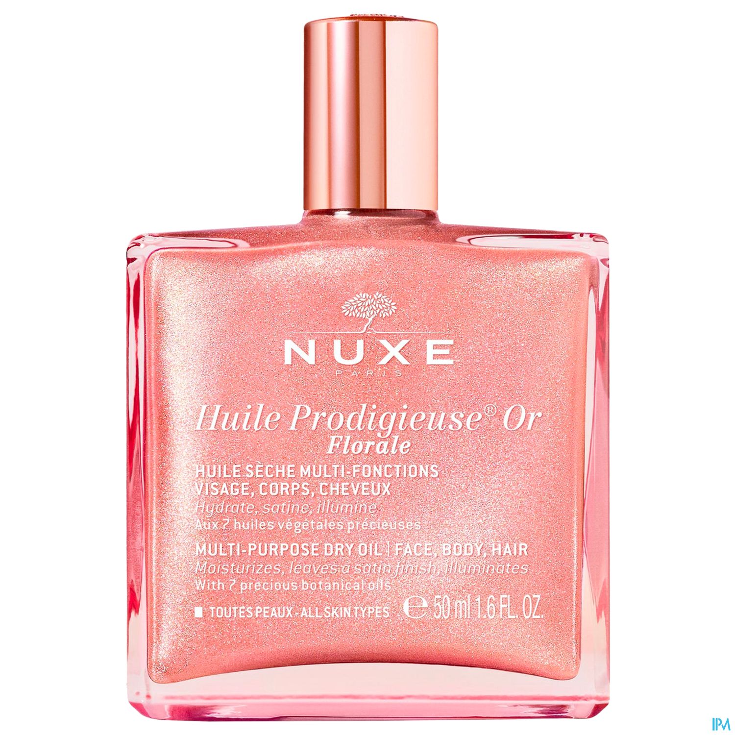 Flasche mit Nuxe Huile Prodigieuse Or, einer multifunktionalen, trockenen Ölpflege für Gesicht, Körper und Haare in transparentem, roségoldenem Design.