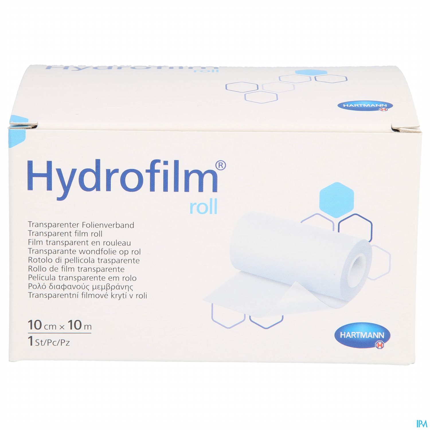 Verpackung des transparenten Folienverbands "Hydrofilm" in der Größe 10 cm x 10 m.