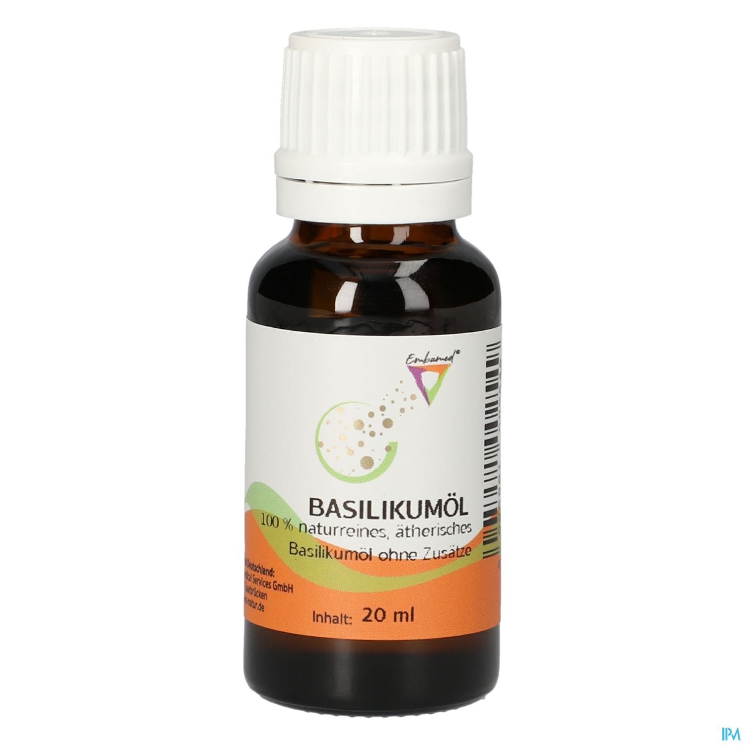 Flasche mit Basilikumöl, 20 ml, etikettiert mit "100 % naturreines, ätherisches Basilikumöl ohne Zusätze".