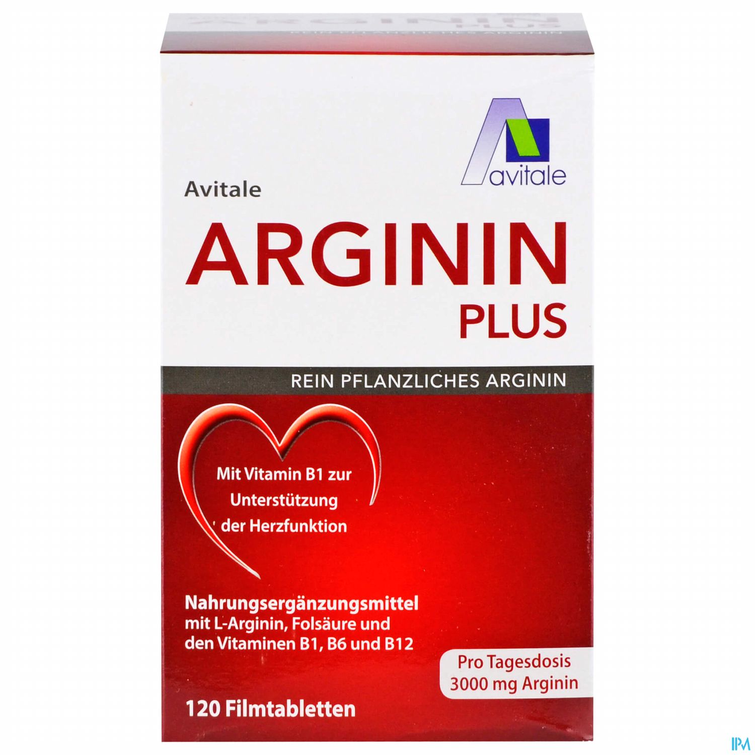 Verpackung von Avitale Arginin Plus, einem Nahrungsergänzungsmittel mit 120 Filmtabletten zur Unterstützung der Herzfunktion.